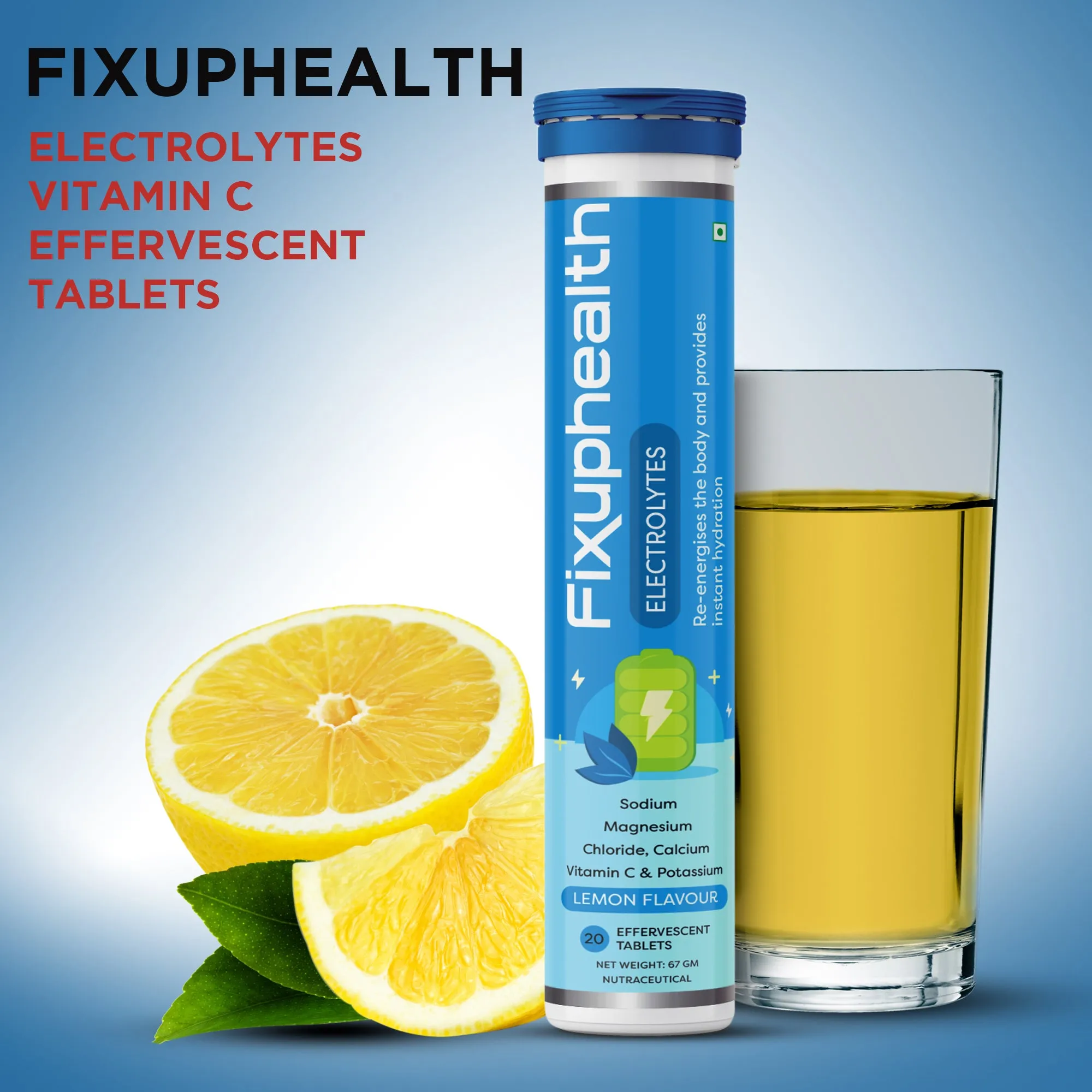 Fixuphealth Electrolytes Tablets Containing Sodium Magnesium, Calcium Chloride and Vitamin C Effervescent Tablets Lemon Flavour Pack of 4 20 tablets each pack Useful for Great source of minerals