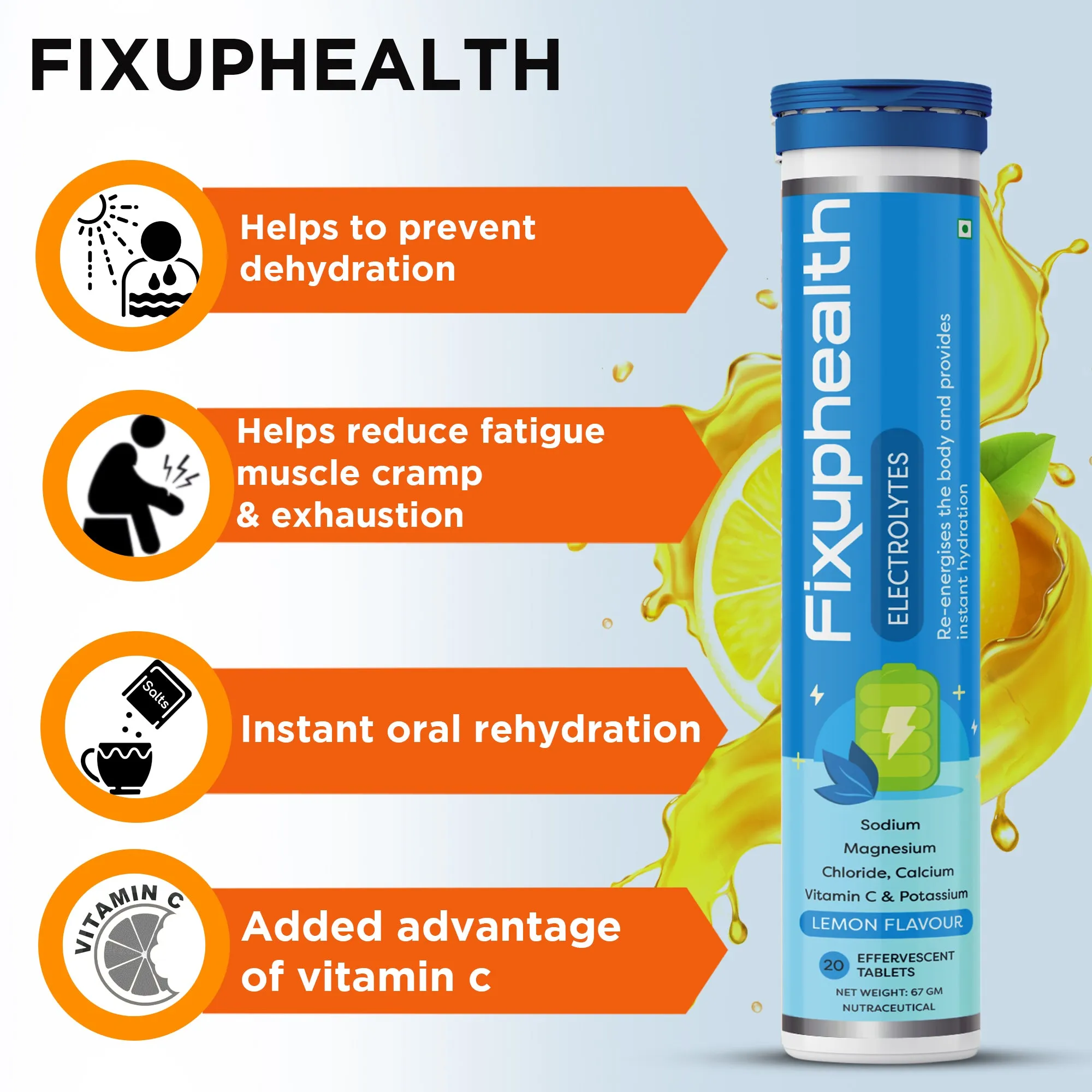 Fixuphealth Electrolytes Tablets Containing Sodium Magnesium, Calcium Chloride and Vitamin C Effervescent Tablets Lemon Flavour Pack of 4 20 tablets each pack Useful for Great source of minerals