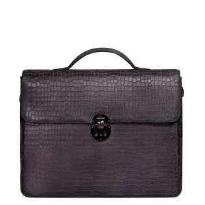 Flap Opening Secured Lock Grey Deep Cut Croco Textured Leather Office/Laptop Briefcase with Organizer Compartment by Brune & Bareskin