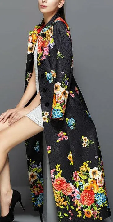 Full-Length Floral Print Jacquard Coat in Black