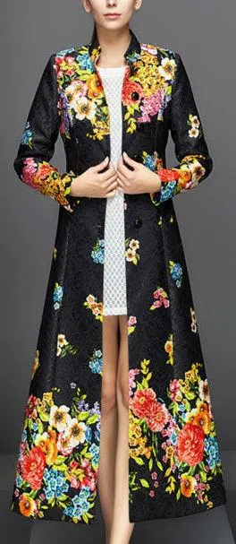 Full-Length Floral Print Jacquard Coat in Black