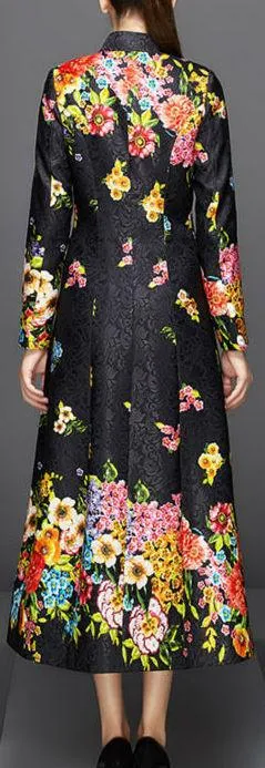 Full-Length Floral Print Jacquard Coat in Black