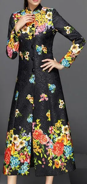 Full-Length Floral Print Jacquard Coat in Black