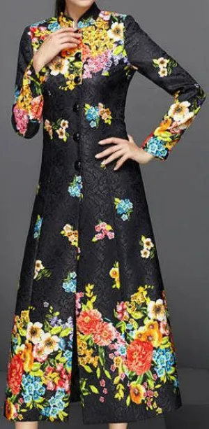 Full-Length Floral Print Jacquard Coat in Black