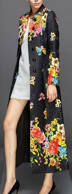 Full-Length Floral Print Jacquard Coat in Black