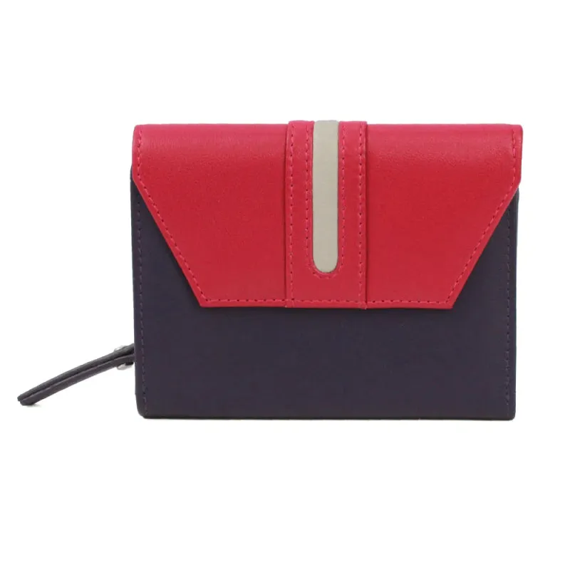 Genuine Soft Leather Purse RFID protection With Contrast colour panel and stripe detail Purple & Pink