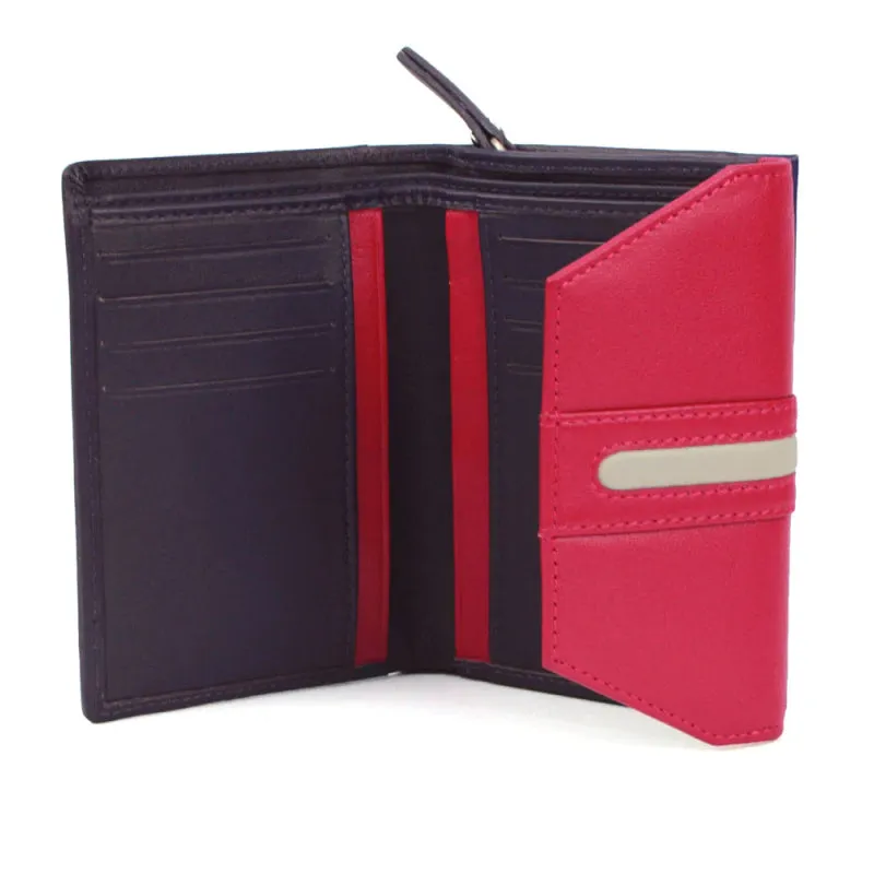 Genuine Soft Leather Purse RFID protection With Contrast colour panel and stripe detail Purple & Pink