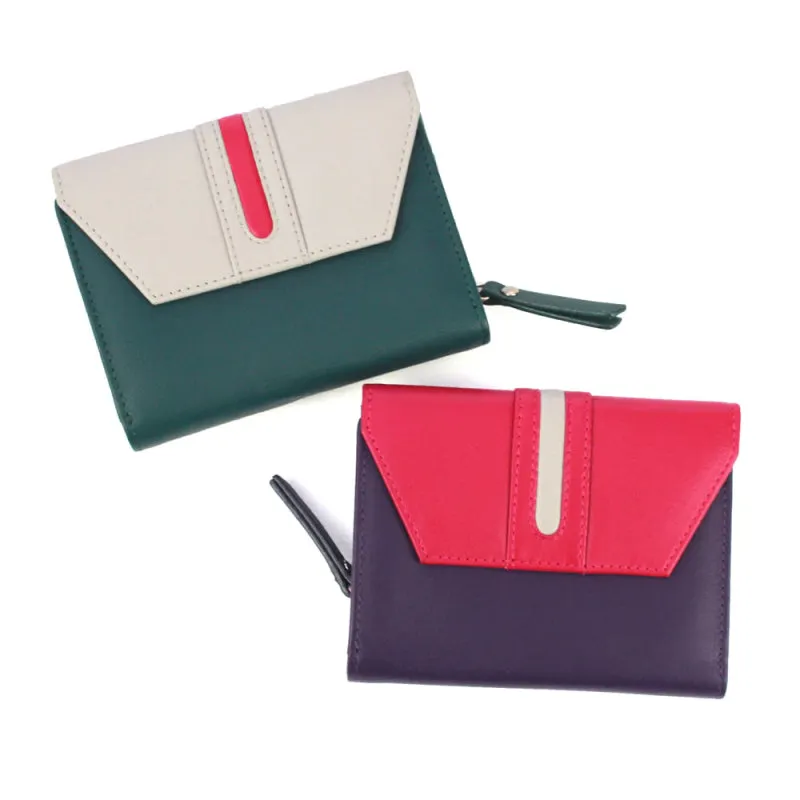 Genuine Soft Leather Purse RFID protection With Contrast colour panel and stripe detail Purple & Pink