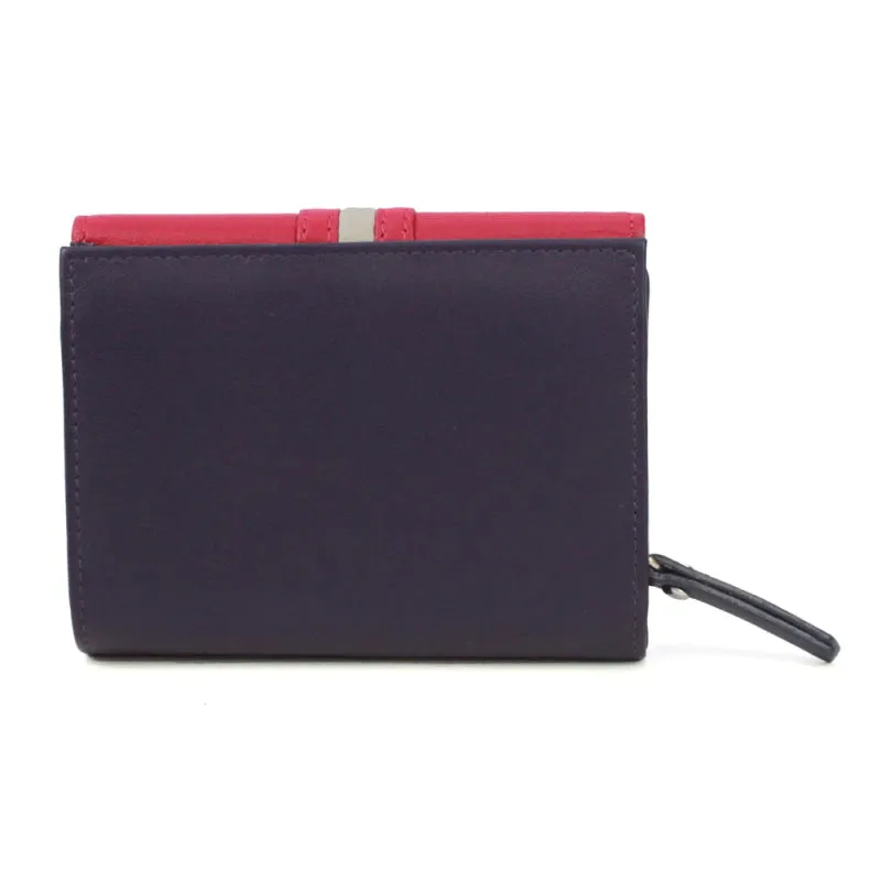 Genuine Soft Leather Purse RFID protection With Contrast colour panel and stripe detail Purple & Pink