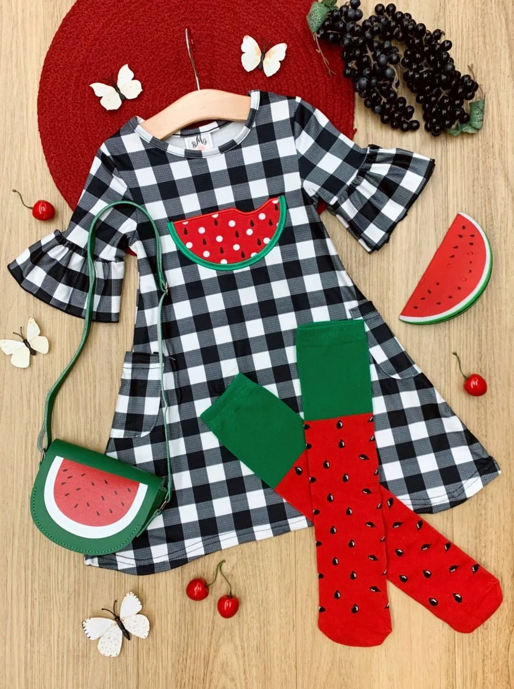 Girls Juice Watermelon Plaid Dress with Sock and Purse Set