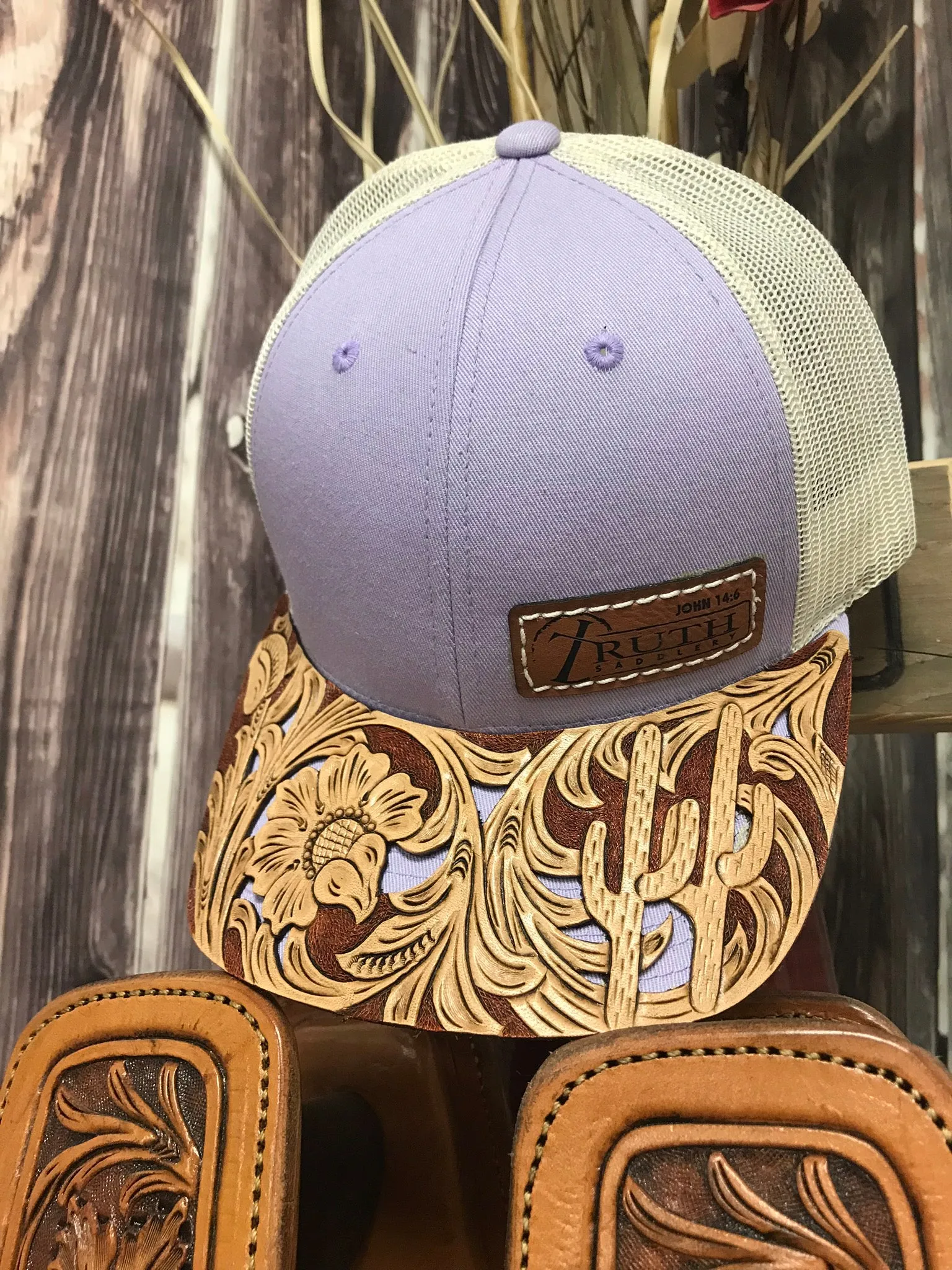 HAND TOOLED Leather Cap BRIM — TRUTH SADDLERY PATCH CAPS - Snap back One size fi