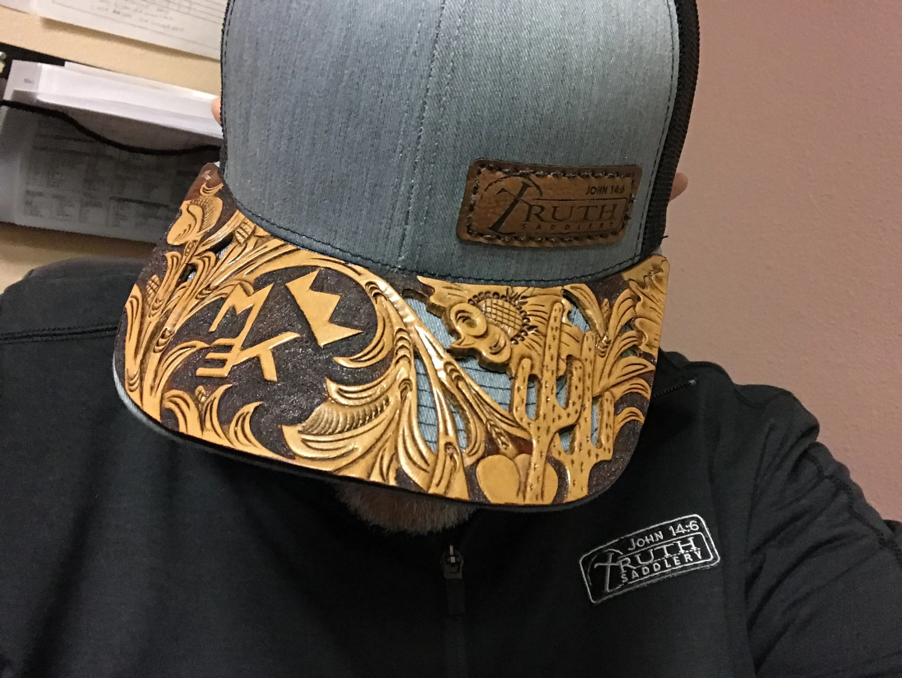 HAND TOOLED Leather Cap BRIM — TRUTH SADDLERY PATCH CAPS - Snap back One size fi