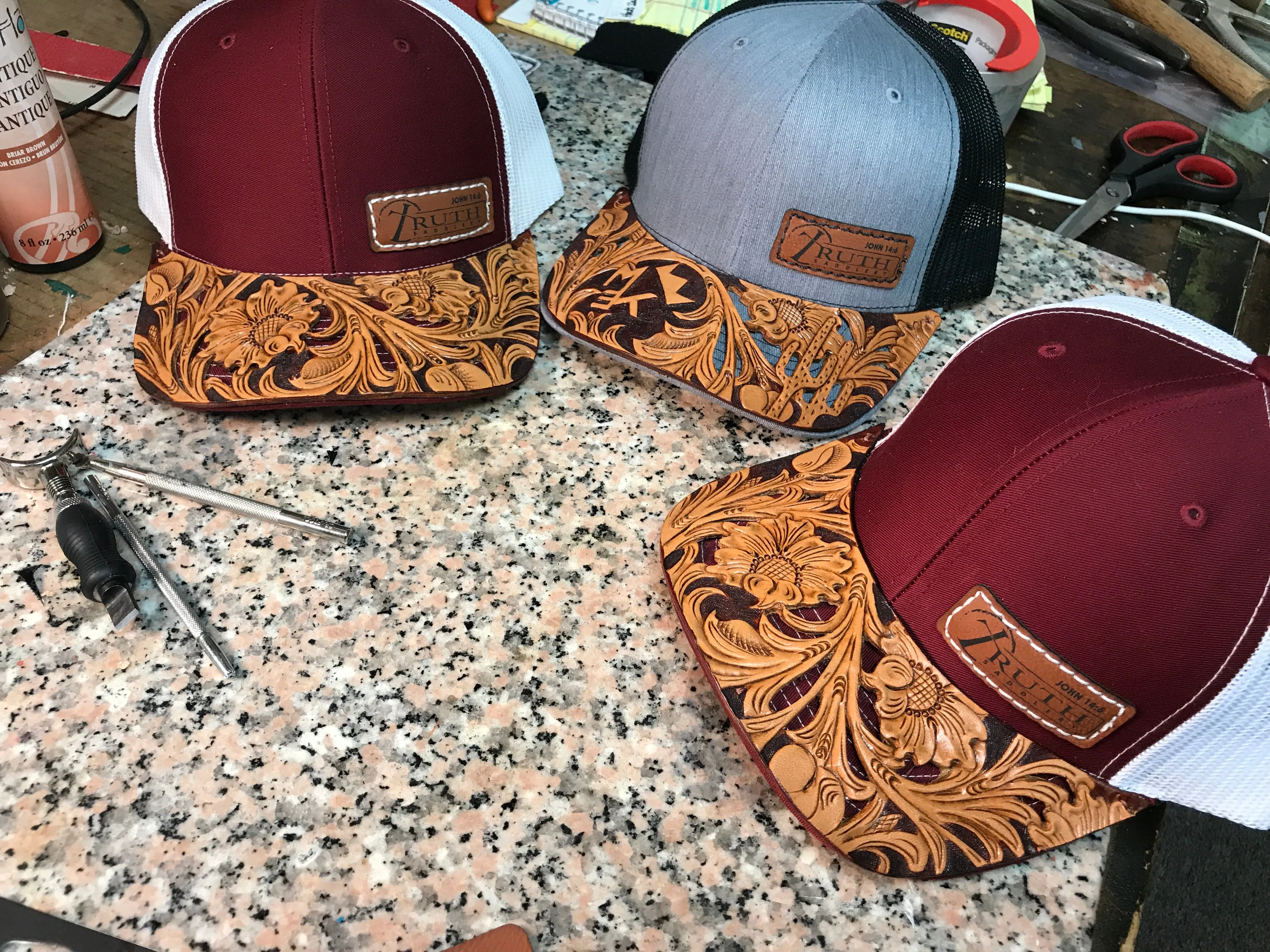 HAND TOOLED Leather Cap BRIM — TRUTH SADDLERY PATCH CAPS - Snap back One size fi