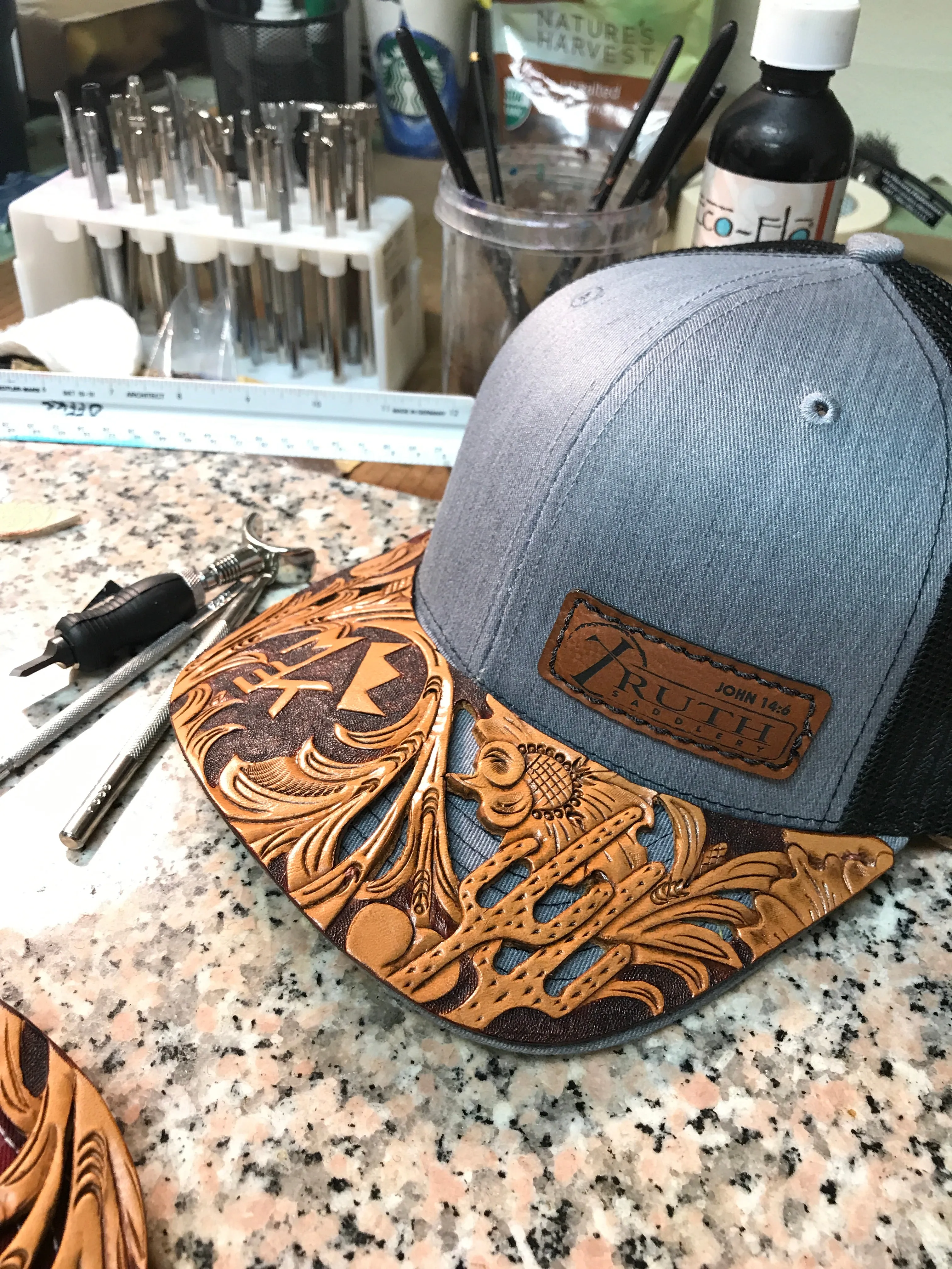 HAND TOOLED Leather Cap BRIM — TRUTH SADDLERY PATCH CAPS - Snap back One size fi