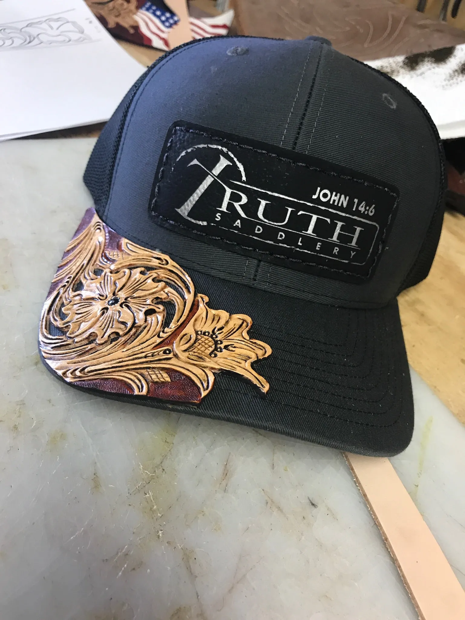 HAND TOOLED Leather Cap BRIM — TRUTH SADDLERY PATCH CAPS - Snap back One size fi