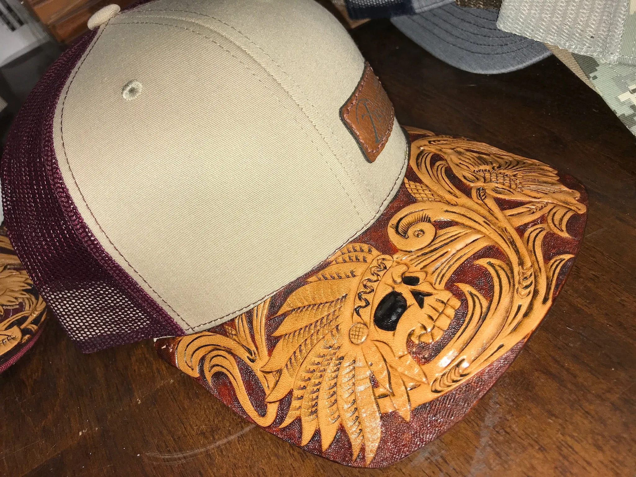 HAND TOOLED Leather Cap BRIM — TRUTH SADDLERY PATCH CAPS - Snap back One size fi