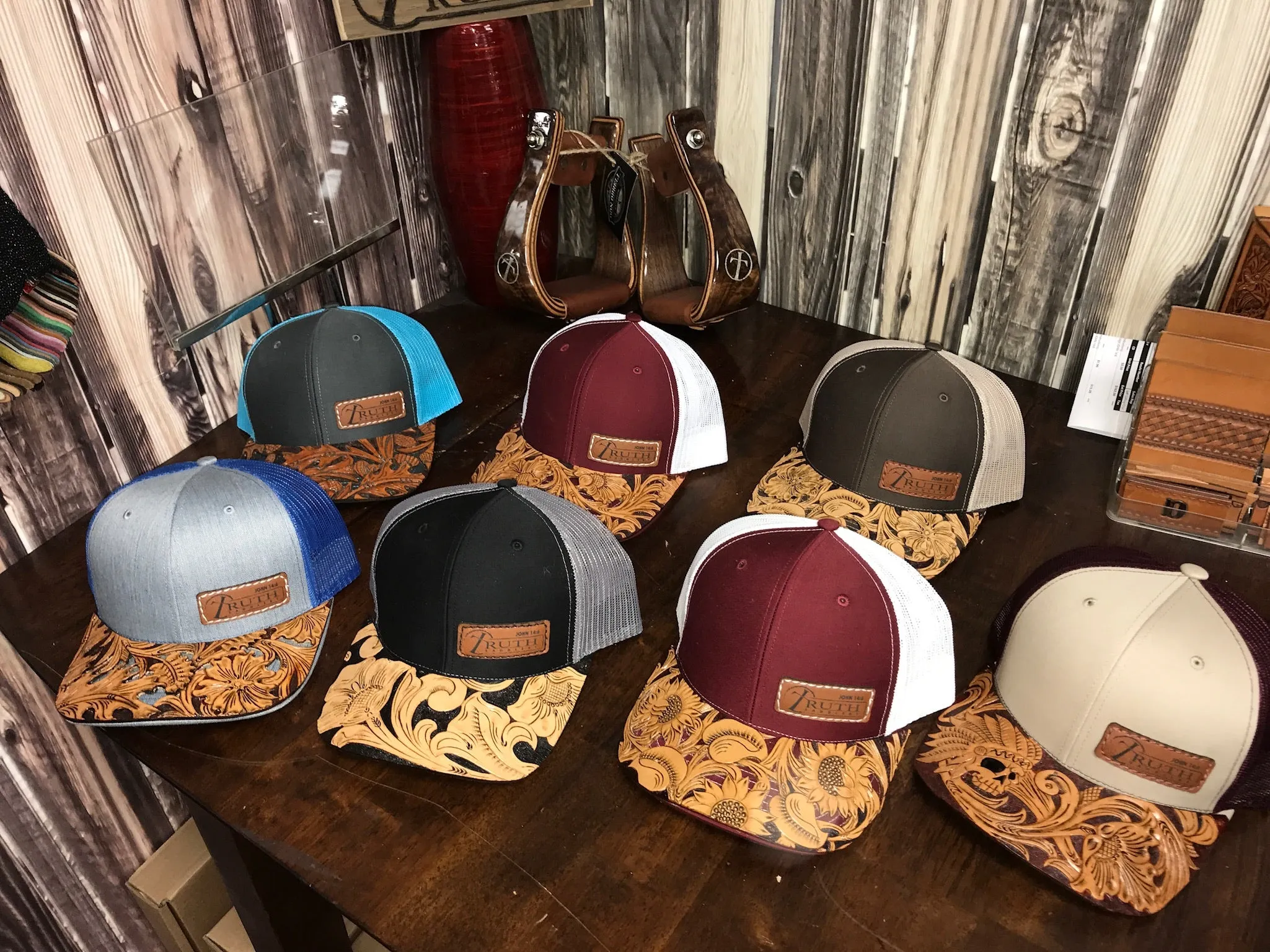 HAND TOOLED Leather Cap BRIM — TRUTH SADDLERY PATCH CAPS - Snap back One size fi