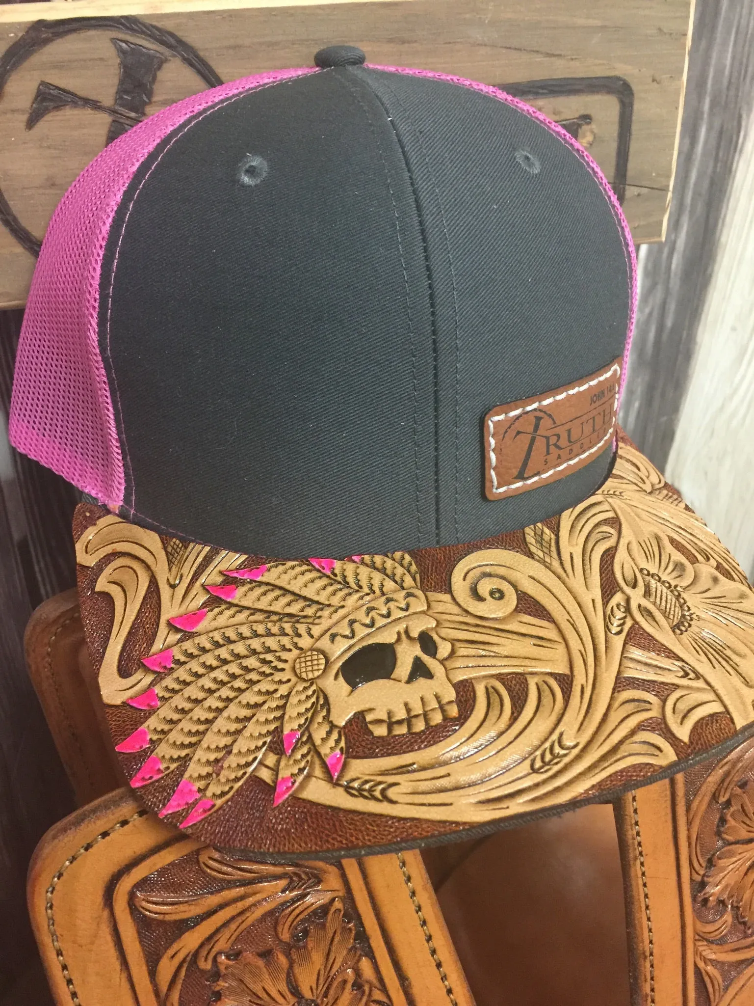 HAND TOOLED Leather Cap BRIM — TRUTH SADDLERY PATCH CAPS - Snap back One size fi