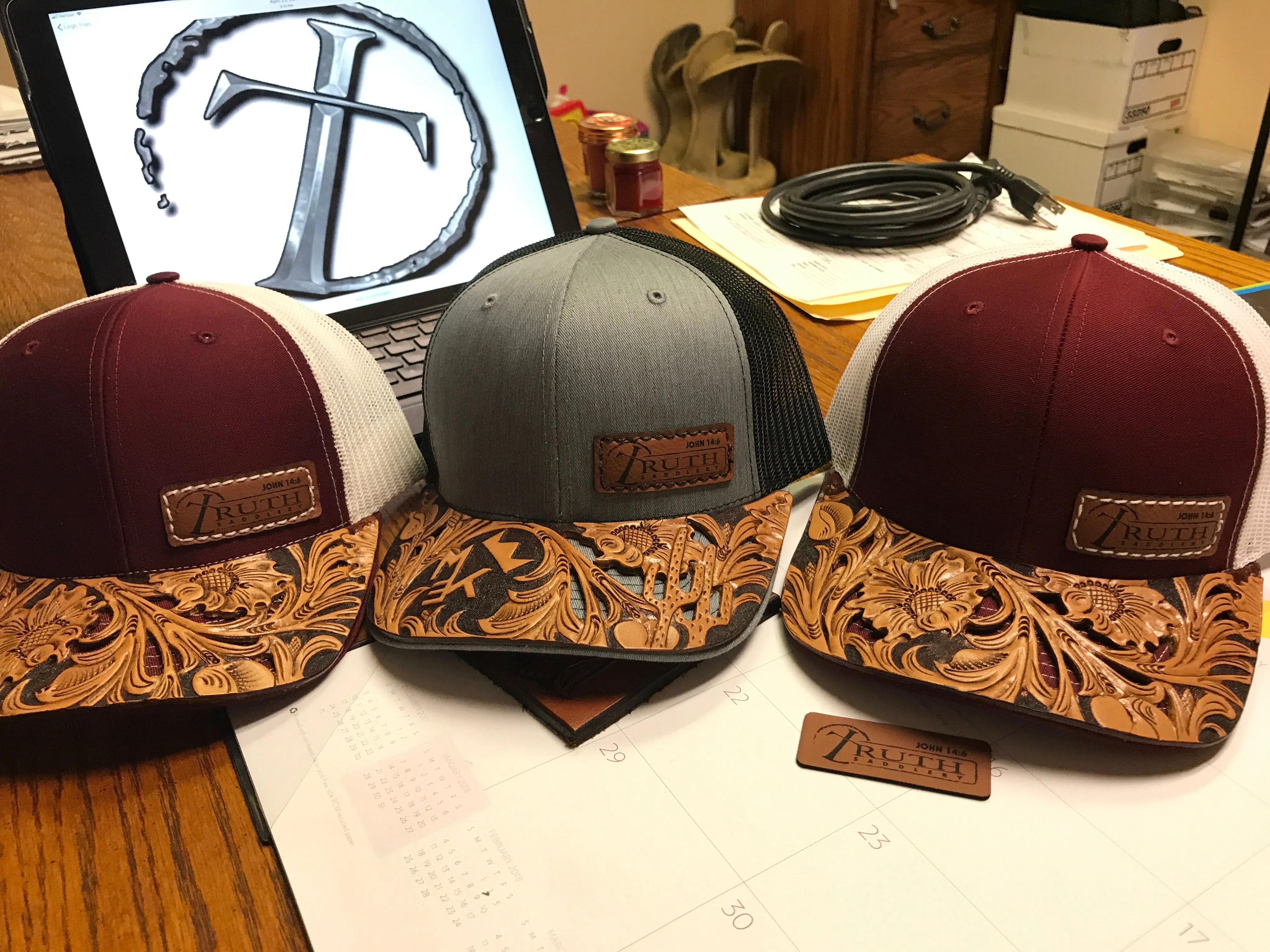 HAND TOOLED Leather Cap BRIM — TRUTH SADDLERY PATCH CAPS - Snap back One size fi