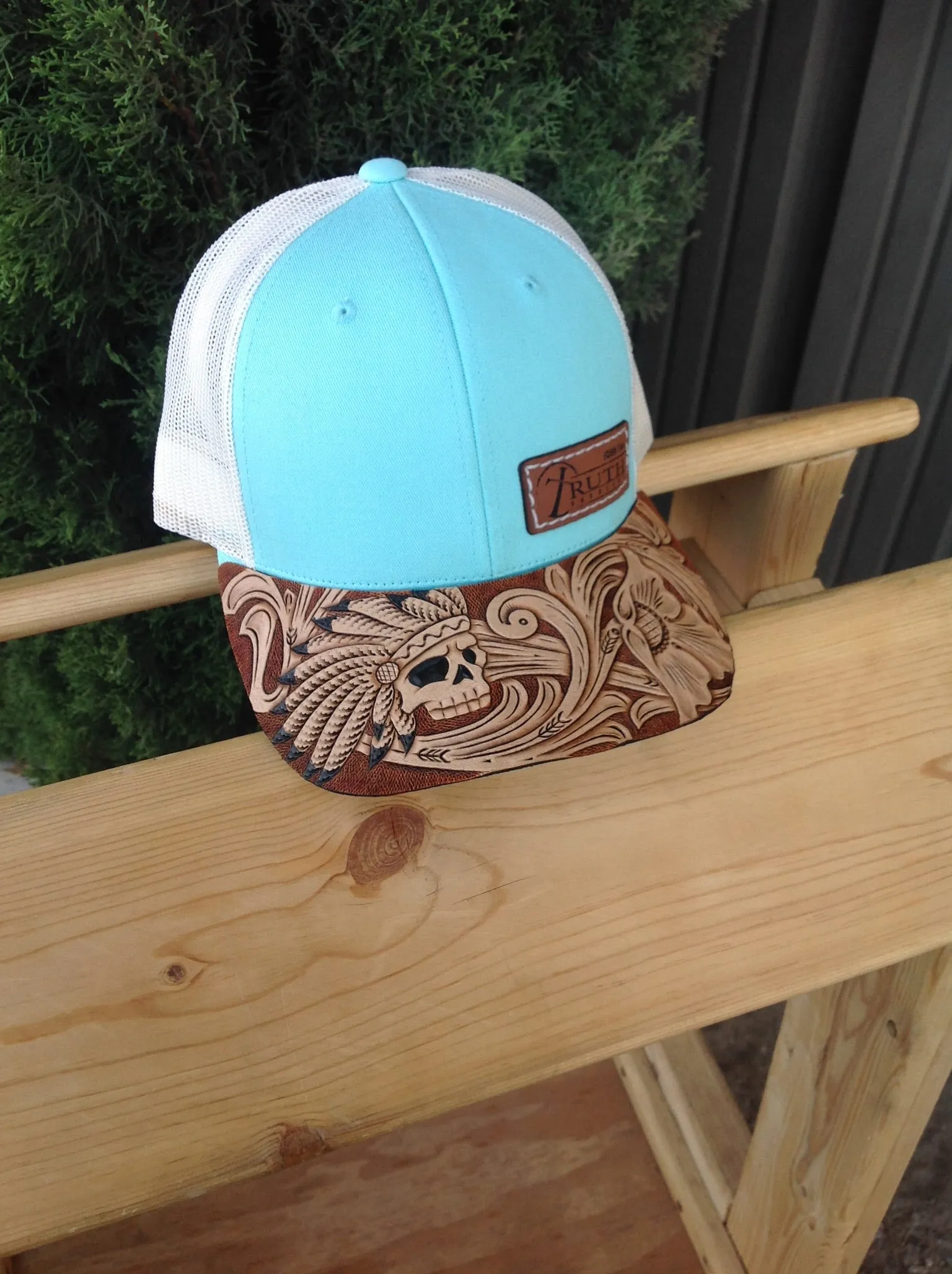 HAND TOOLED Leather Cap BRIM — TRUTH SADDLERY PATCH CAPS - Snap back One size fi