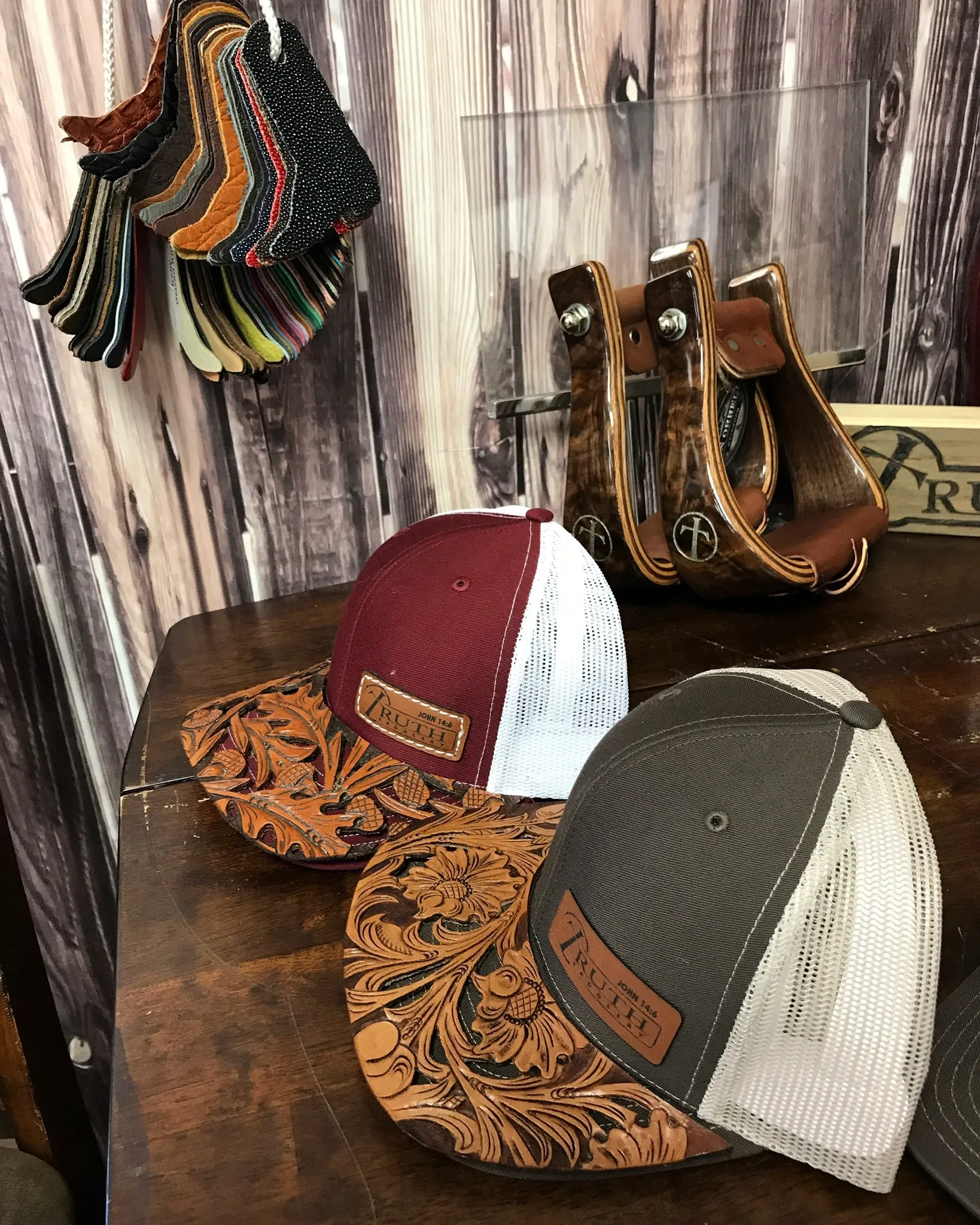 HAND TOOLED Leather Cap BRIM — TRUTH SADDLERY PATCH CAPS - Snap back One size fi