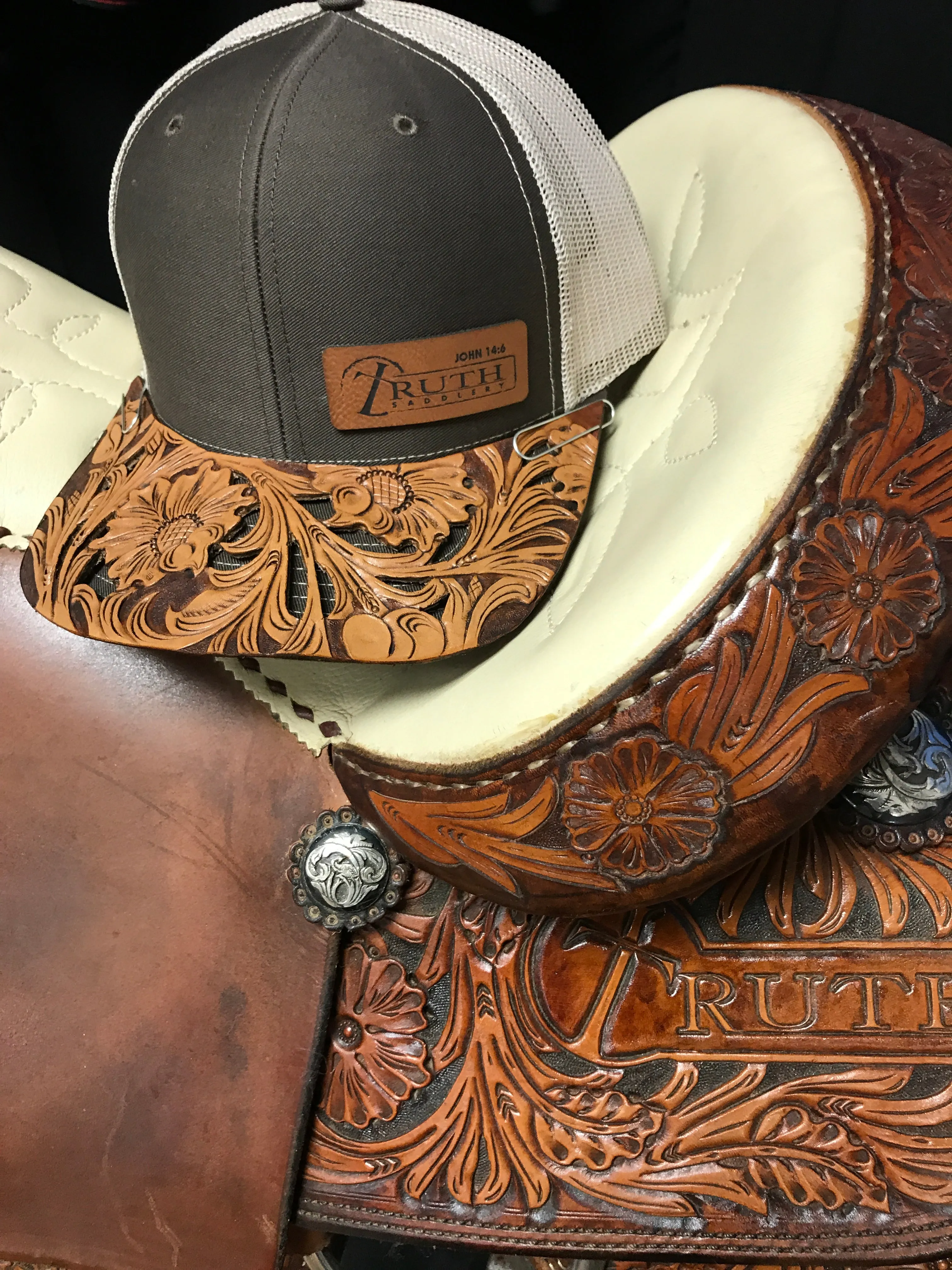 HAND TOOLED Leather Cap BRIM — TRUTH SADDLERY PATCH CAPS - Snap back One size fi