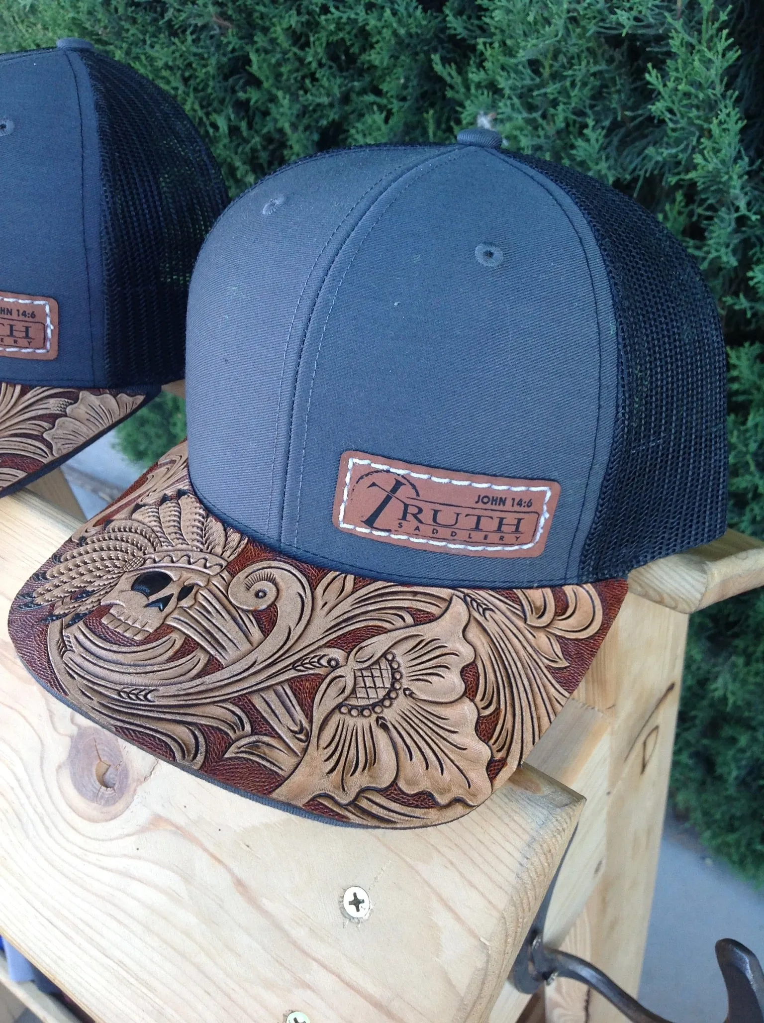 HAND TOOLED Leather Cap BRIM — TRUTH SADDLERY PATCH CAPS - Snap back One size fi