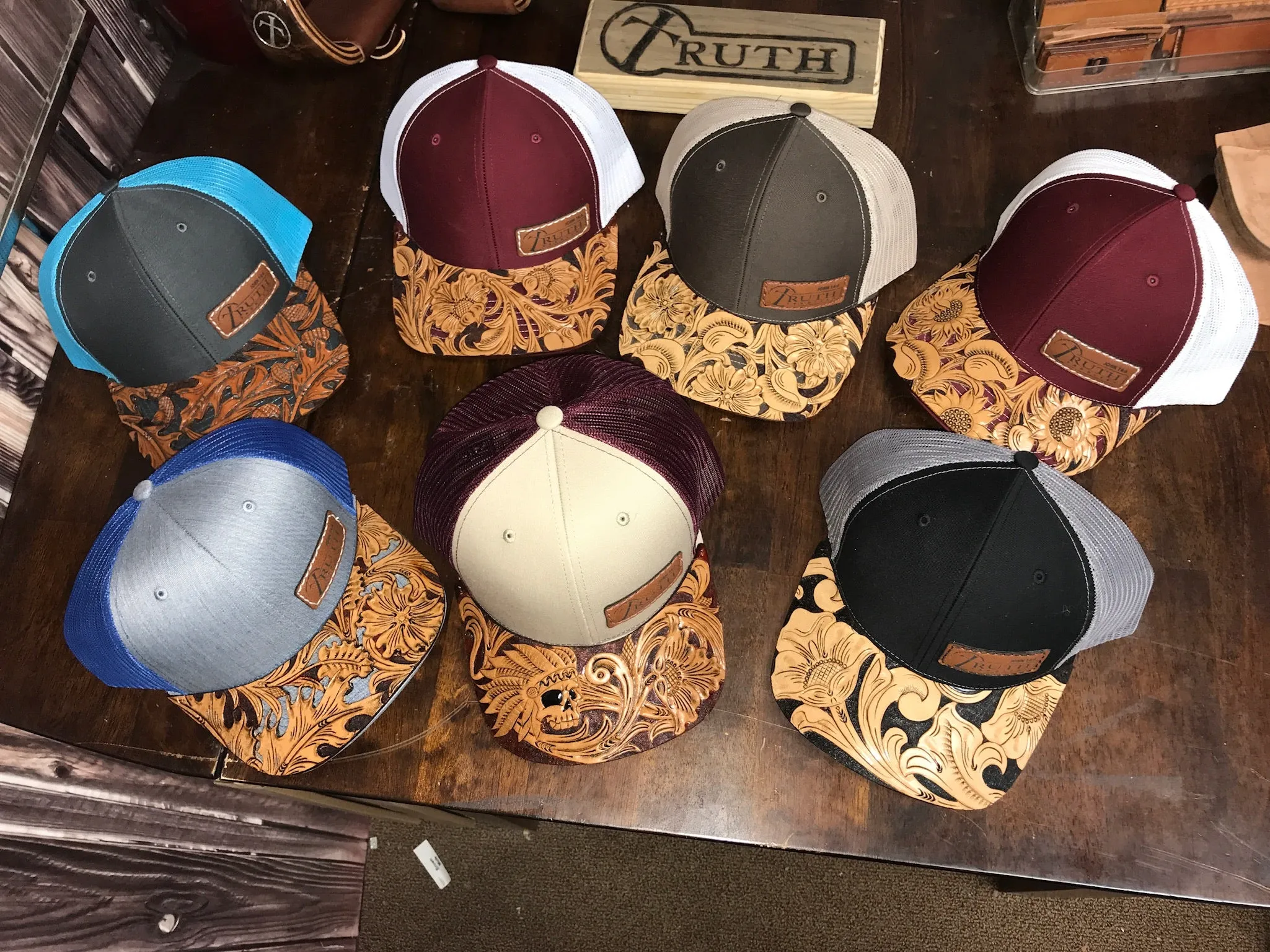 HAND TOOLED Leather Cap BRIM — TRUTH SADDLERY PATCH CAPS - Snap back One size fi