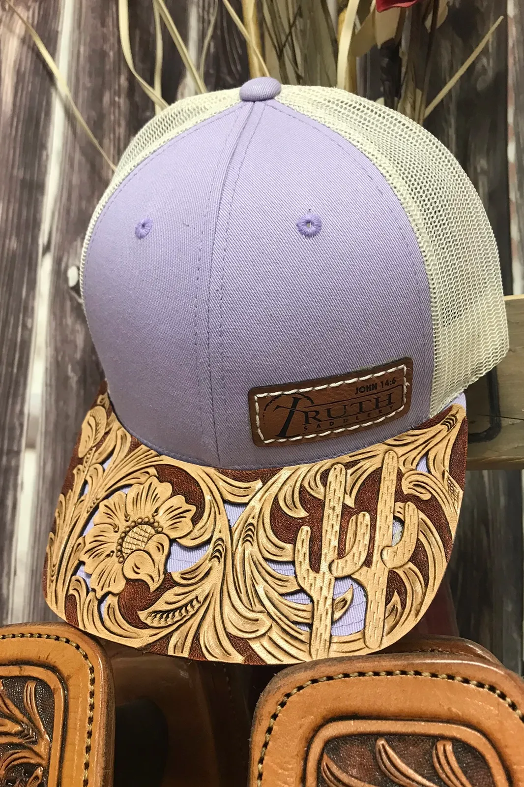 HAND TOOLED Leather Cap BRIM — TRUTH SADDLERY PATCH CAPS - Snap back One size fi