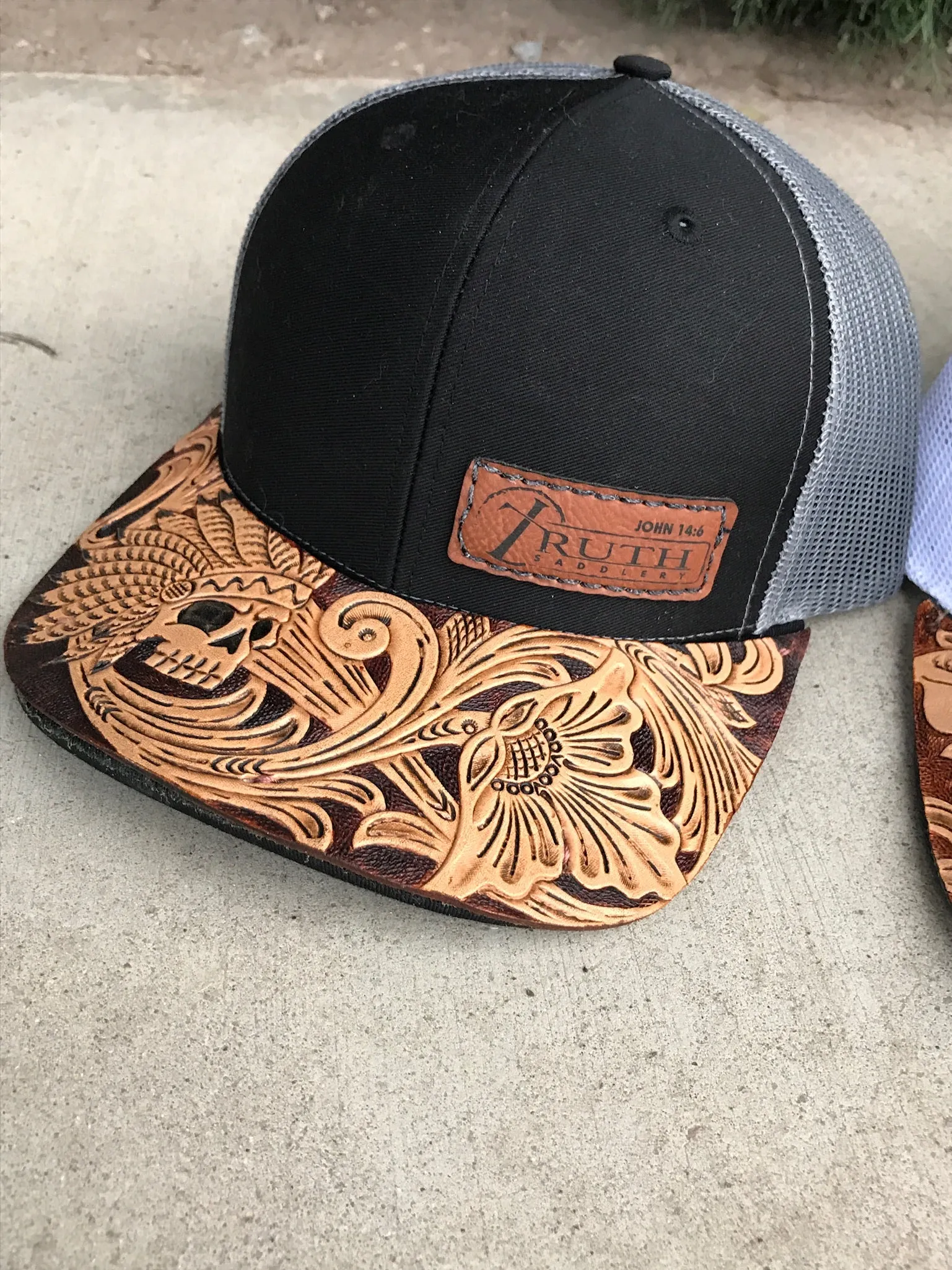 HAND TOOLED Leather Cap BRIM — TRUTH SADDLERY PATCH CAPS - Snap back One size fi