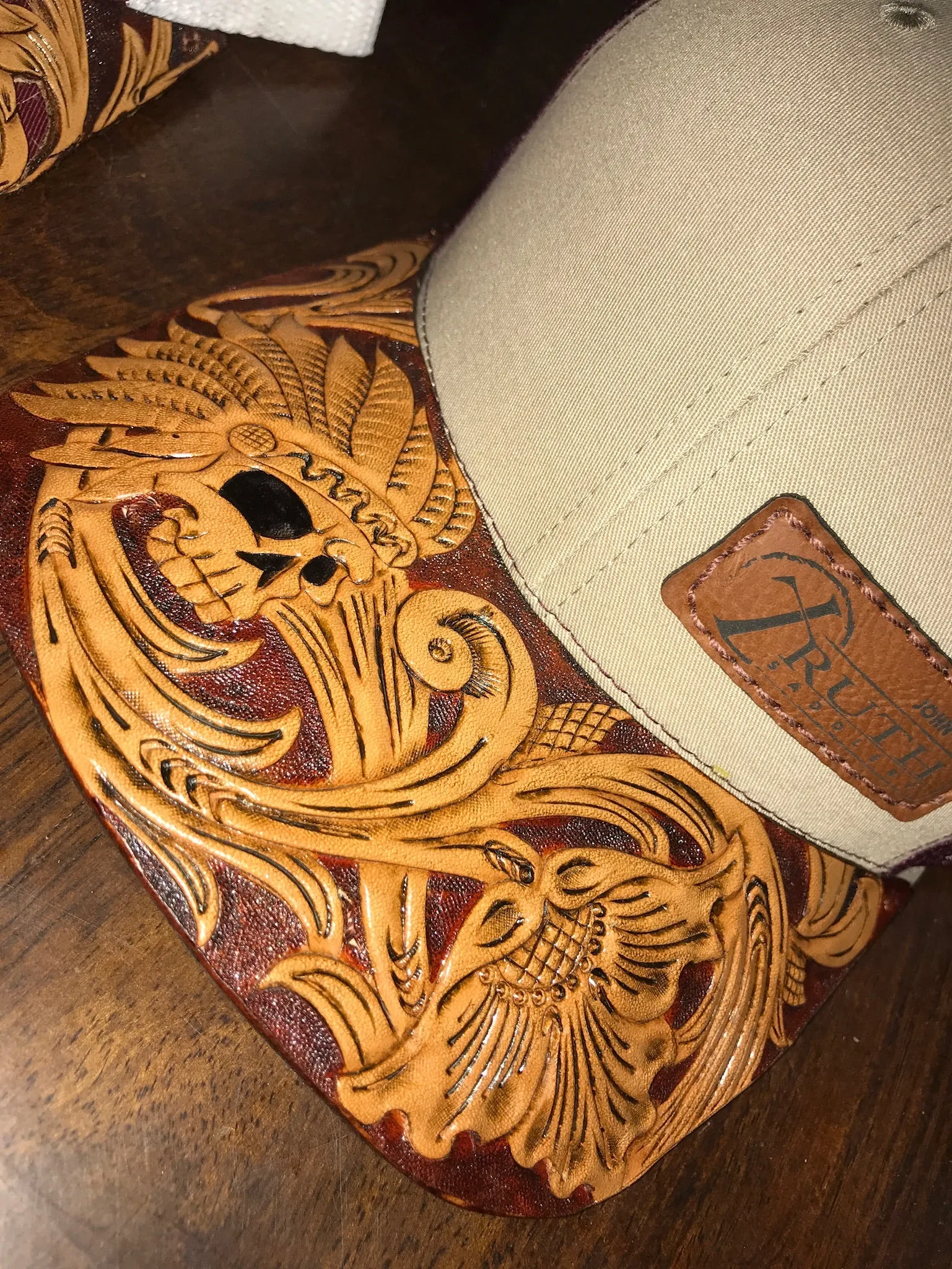 HAND TOOLED Leather Cap BRIM — TRUTH SADDLERY PATCH CAPS - Snap back One size fi