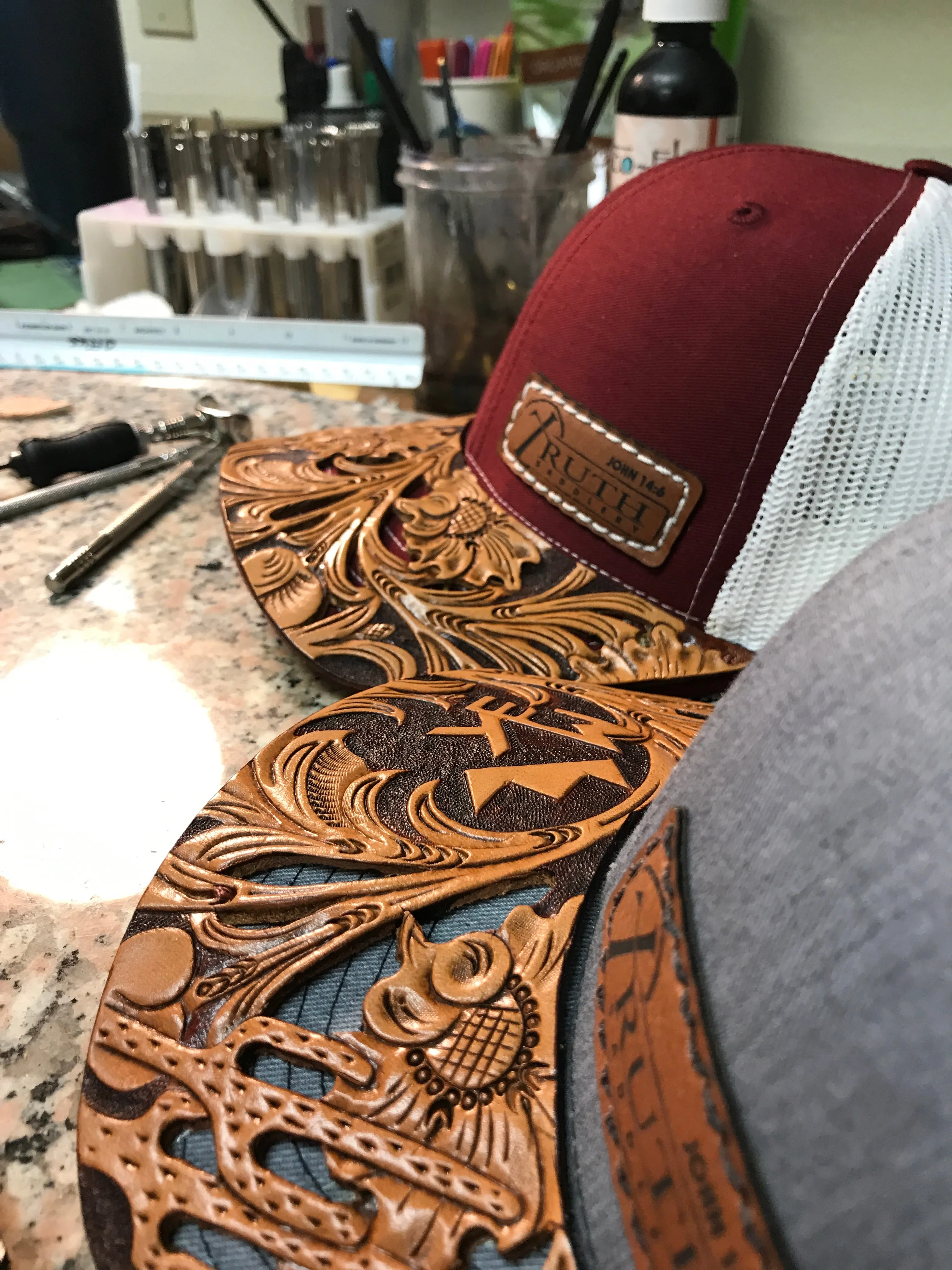 HAND TOOLED Leather Cap BRIM — TRUTH SADDLERY PATCH CAPS - Snap back One size fi