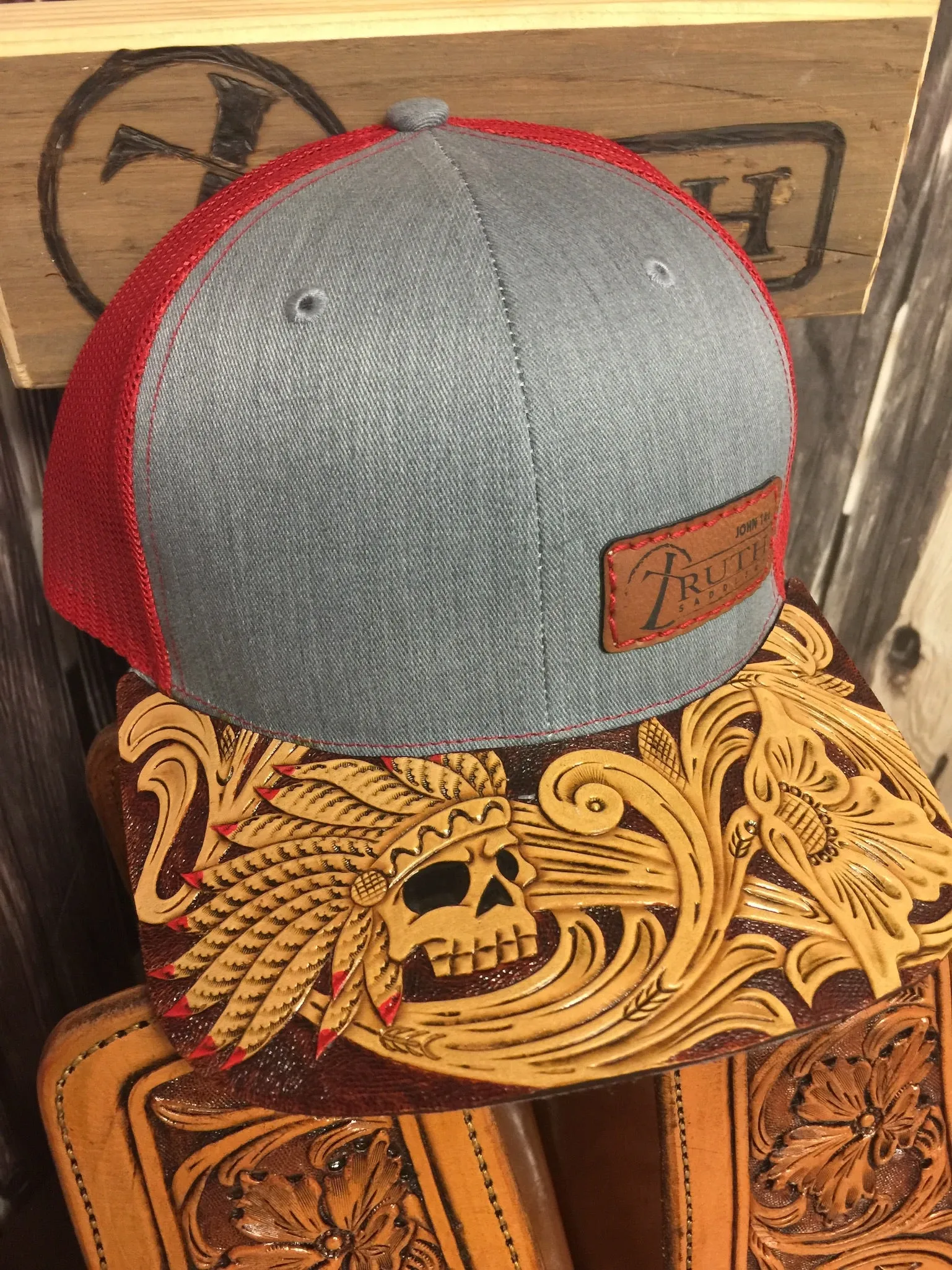 HAND TOOLED Leather Cap BRIM — TRUTH SADDLERY PATCH CAPS - Snap back One size fi