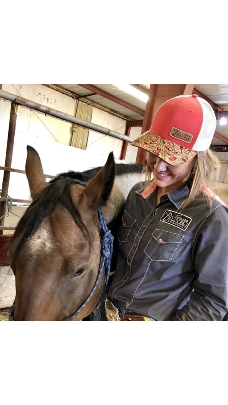 HAND TOOLED Leather Cap BRIM — TRUTH SADDLERY PATCH CAPS - Snap back One size fi