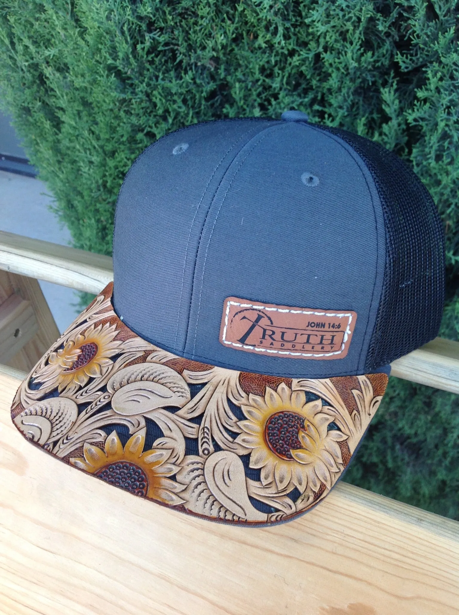 HAND TOOLED Leather Cap BRIM — TRUTH SADDLERY PATCH CAPS - Snap back One size fi