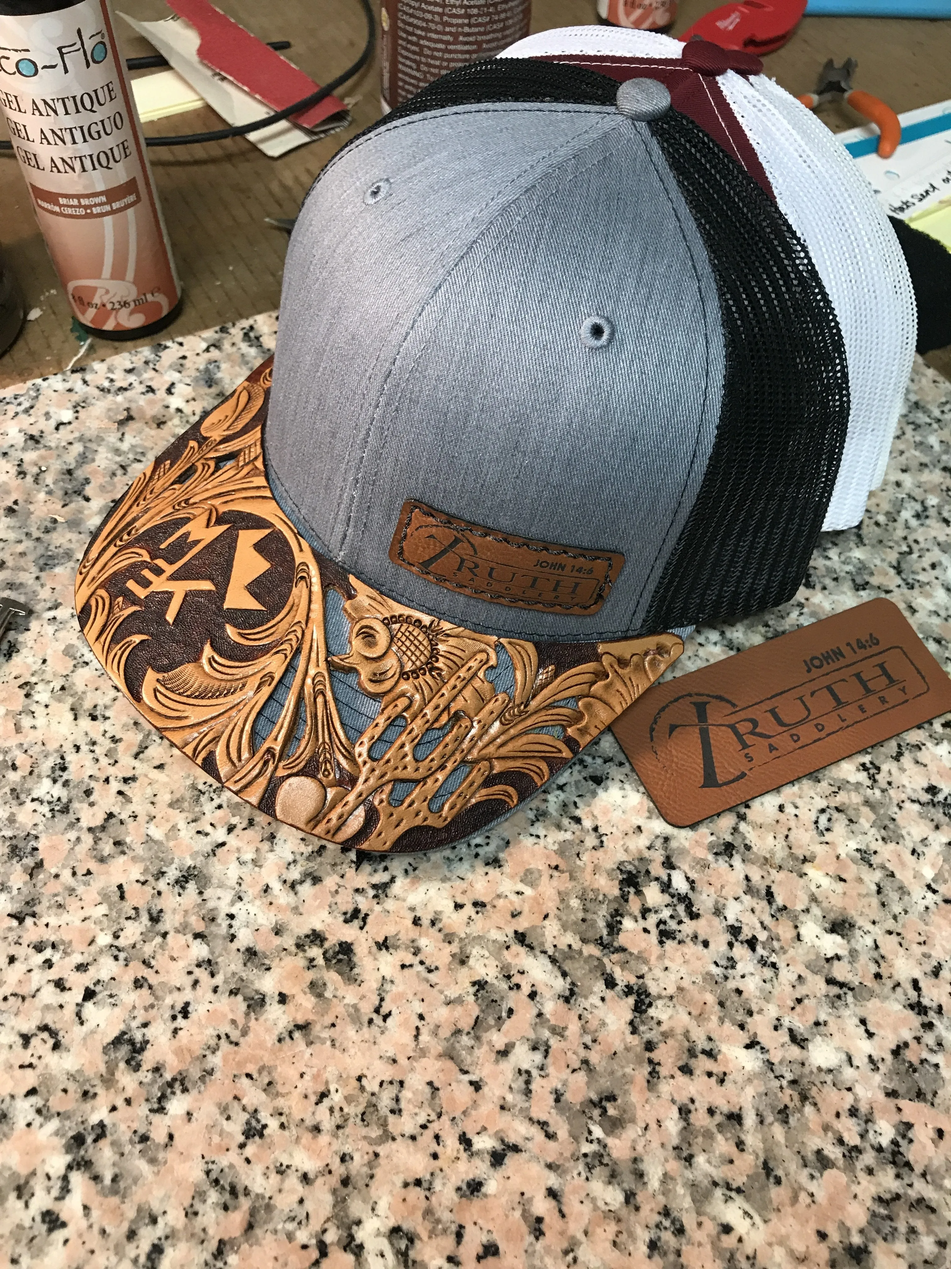 HAND TOOLED Leather Cap BRIM — TRUTH SADDLERY PATCH CAPS - Snap back One size fi