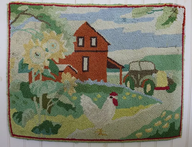 Hooked 20th Century Rug Farmhouse Scene