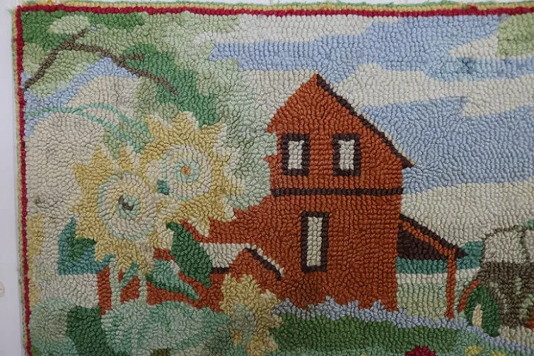 Hooked 20th Century Rug Farmhouse Scene