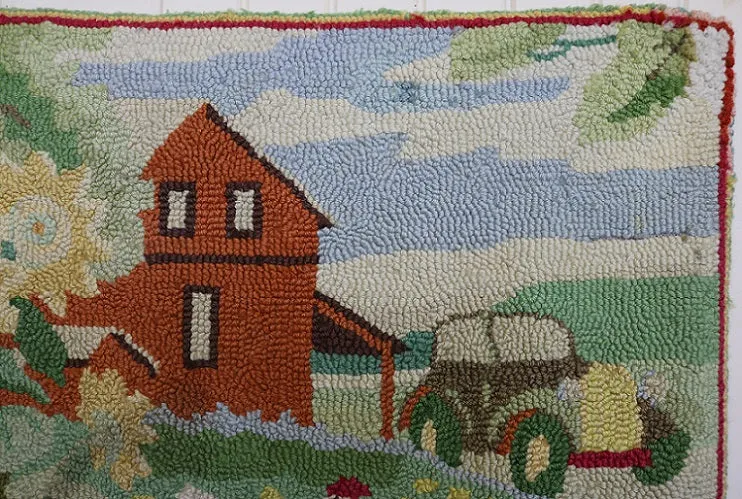 Hooked 20th Century Rug Farmhouse Scene