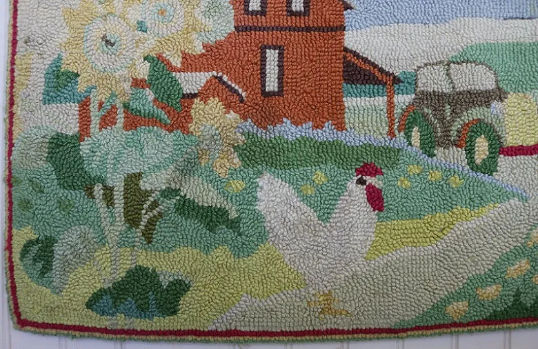 Hooked 20th Century Rug Farmhouse Scene