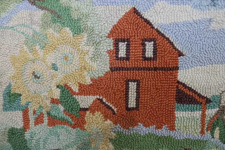 Hooked 20th Century Rug Farmhouse Scene