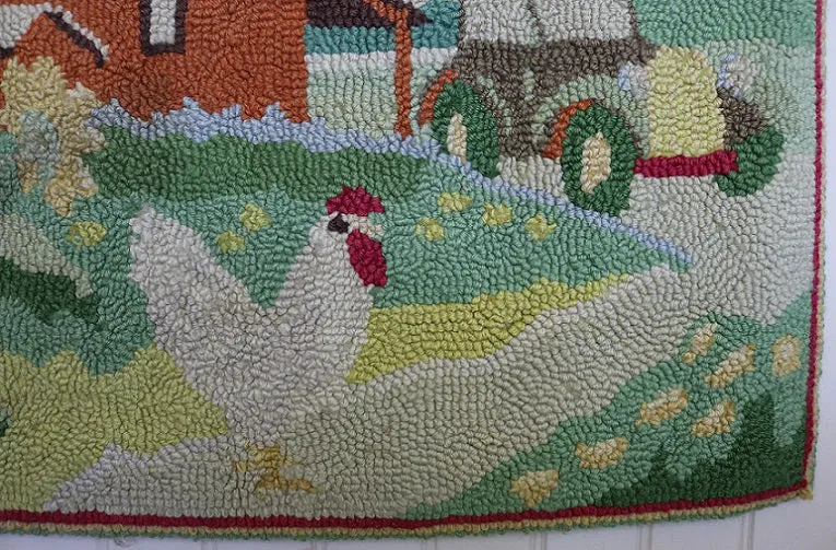 Hooked 20th Century Rug Farmhouse Scene