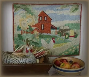 Hooked 20th Century Rug Farmhouse Scene