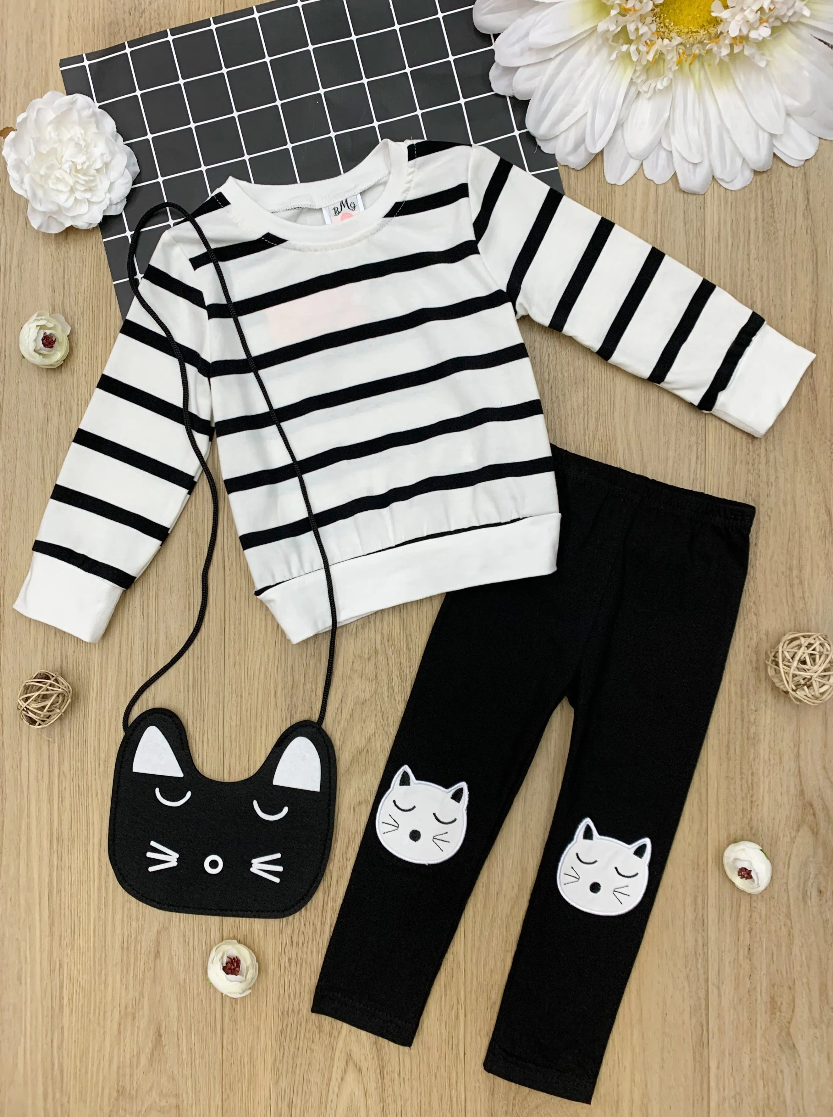 I Cat Even Striped Pullover, Leggings, And Purse Set