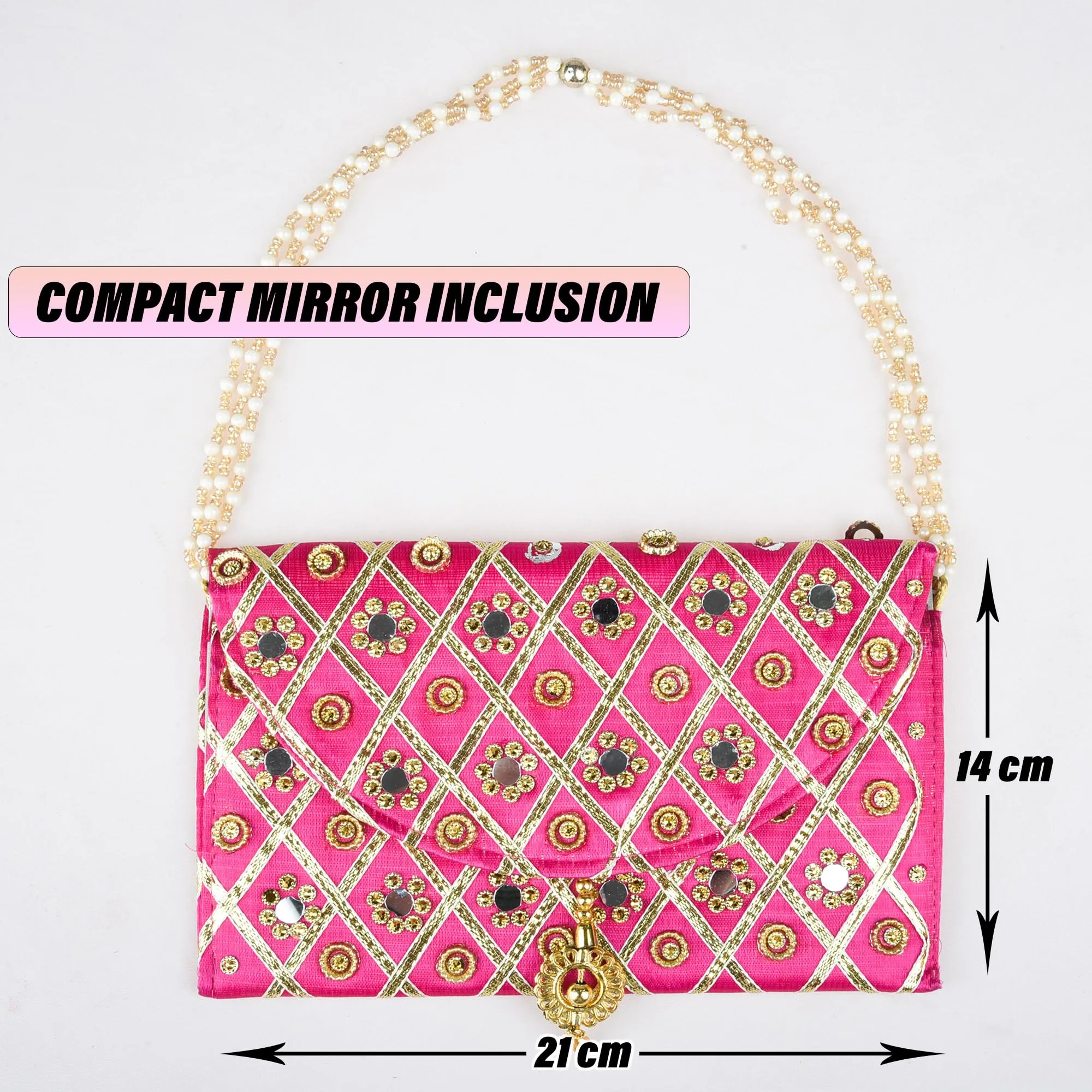 Kuber Industries Clutch Purse | Hand Purse | Ladies Hand Purse with Handle | Traditional Shagun Purse | Baby Shower Purse | Gifting Clutch Purse | Mirror Check Purse | Pink