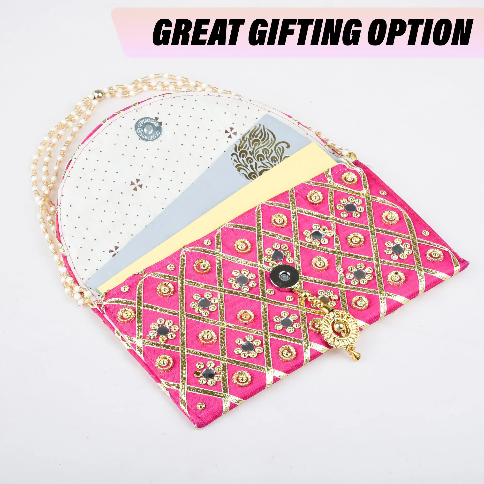 Kuber Industries Clutch Purse | Hand Purse | Ladies Hand Purse with Handle | Traditional Shagun Purse | Baby Shower Purse | Gifting Clutch Purse | Mirror Check Purse | Pink