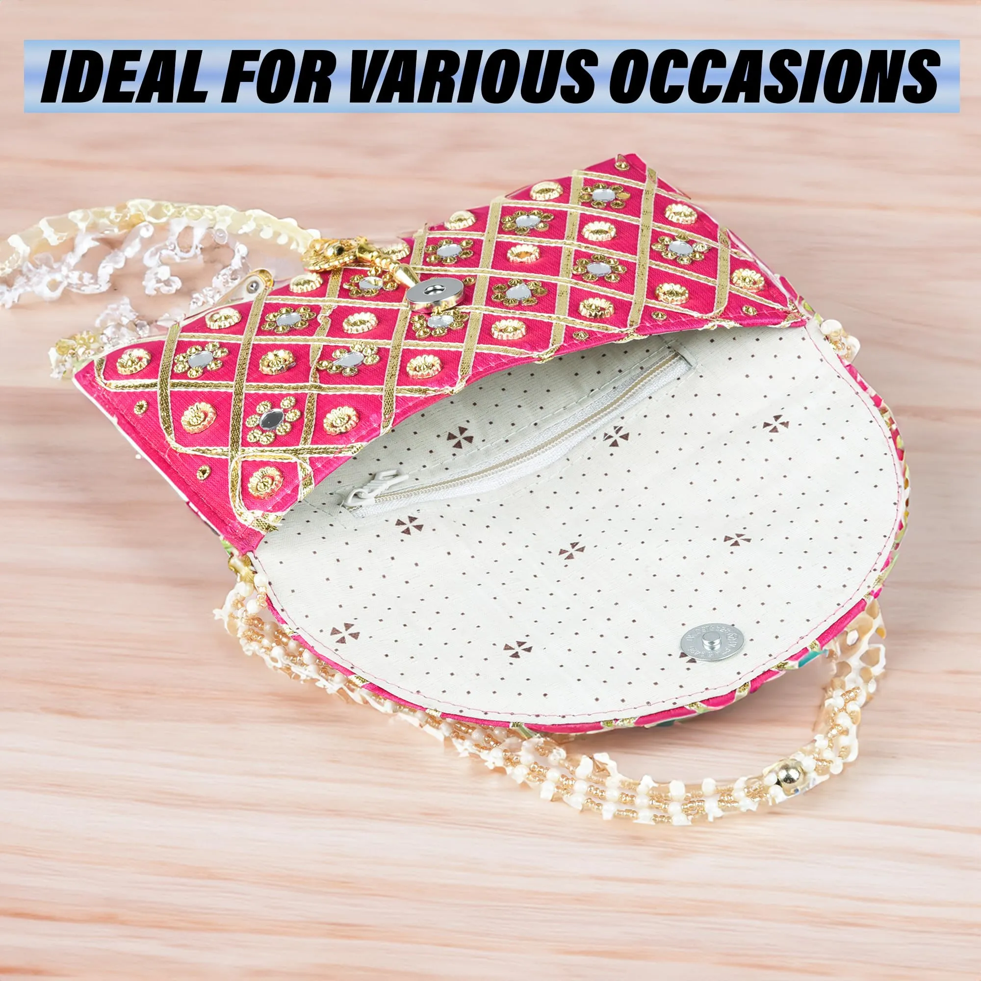 Kuber Industries Clutch Purse | Hand Purse | Ladies Hand Purse with Handle | Traditional Shagun Purse | Baby Shower Purse | Gifting Clutch Purse | Mirror Check Purse | Pink