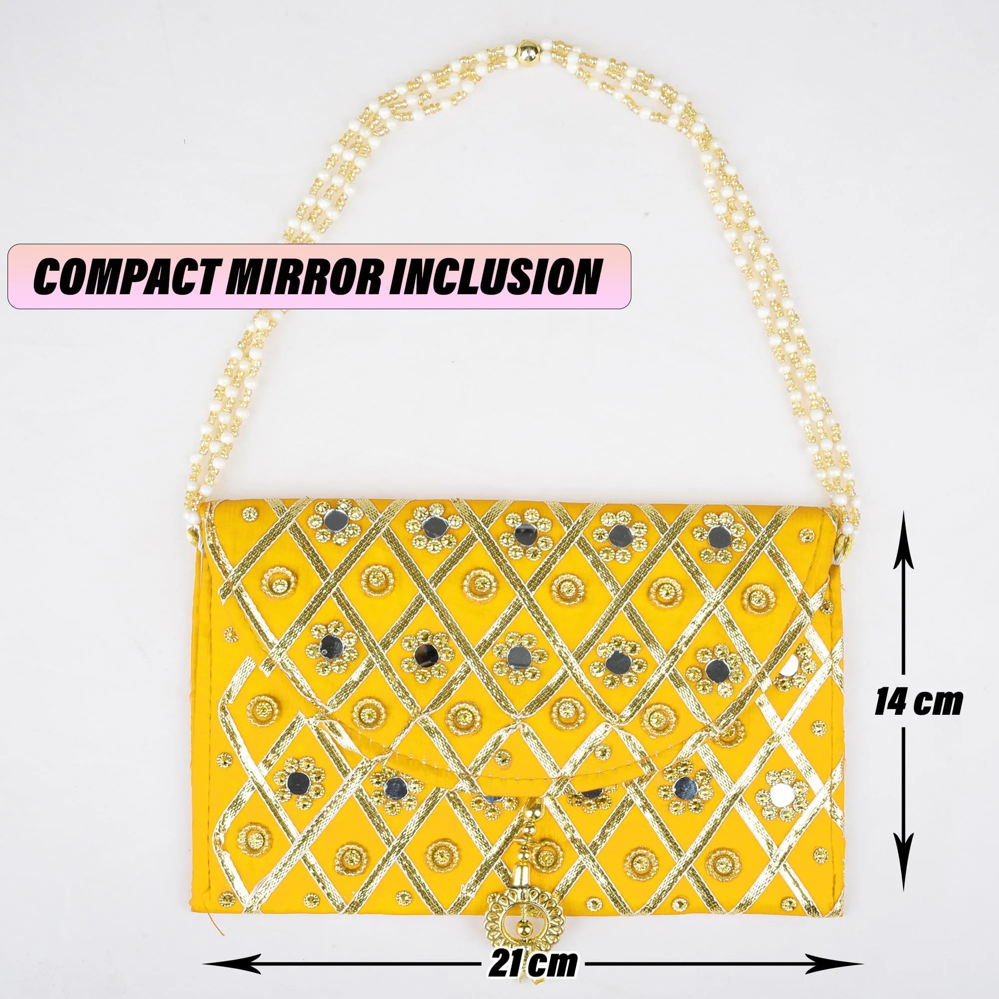 Kuber Industries Clutch Purse | Hand Purse | Ladies Hand Purse with Handle | Traditional Shagun Purse | Baby Shower Purse | Gifting Clutch Purse | Mirror Check Purse | Yellow