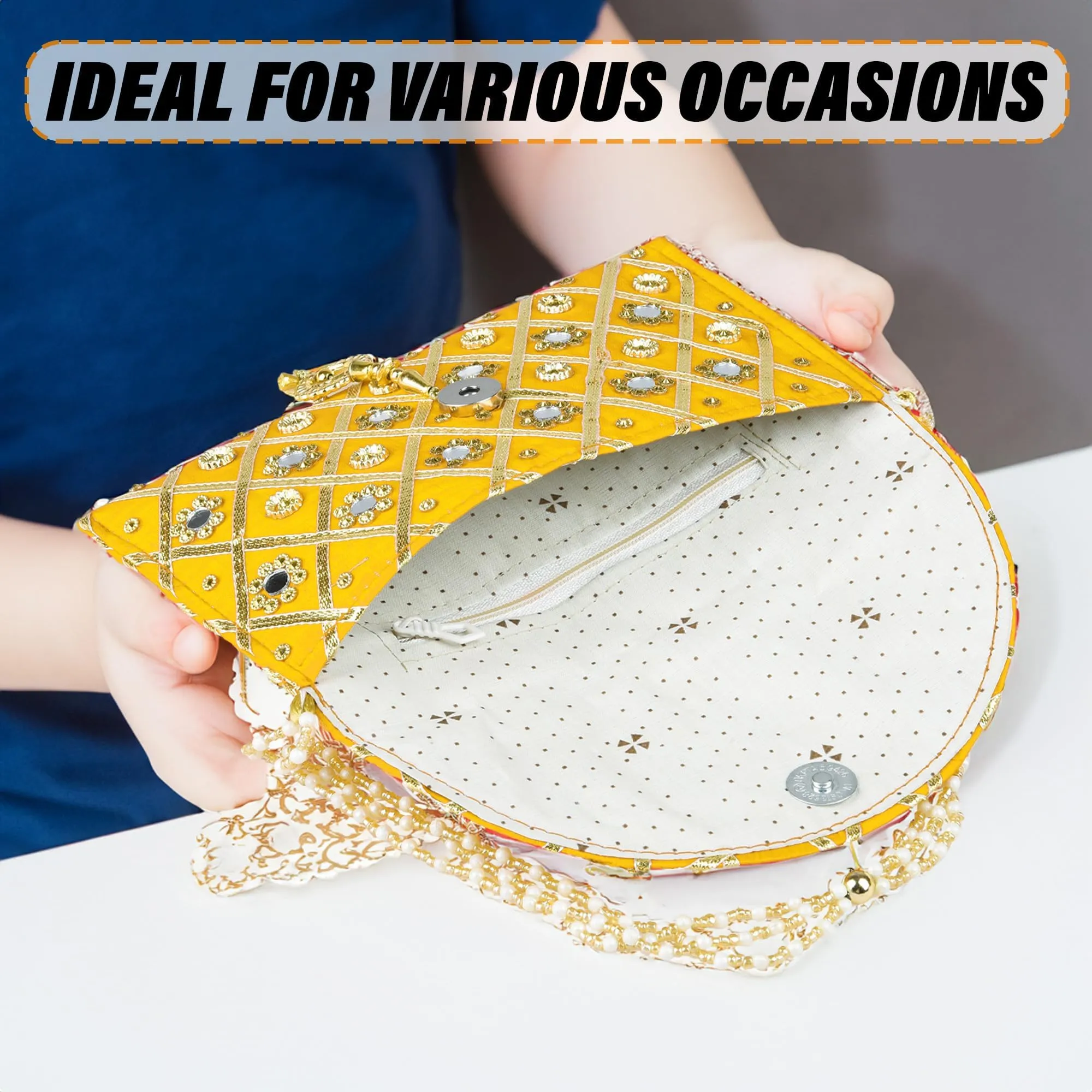 Kuber Industries Clutch Purse | Hand Purse | Ladies Hand Purse with Handle | Traditional Shagun Purse | Baby Shower Purse | Gifting Clutch Purse | Mirror Check Purse | Yellow