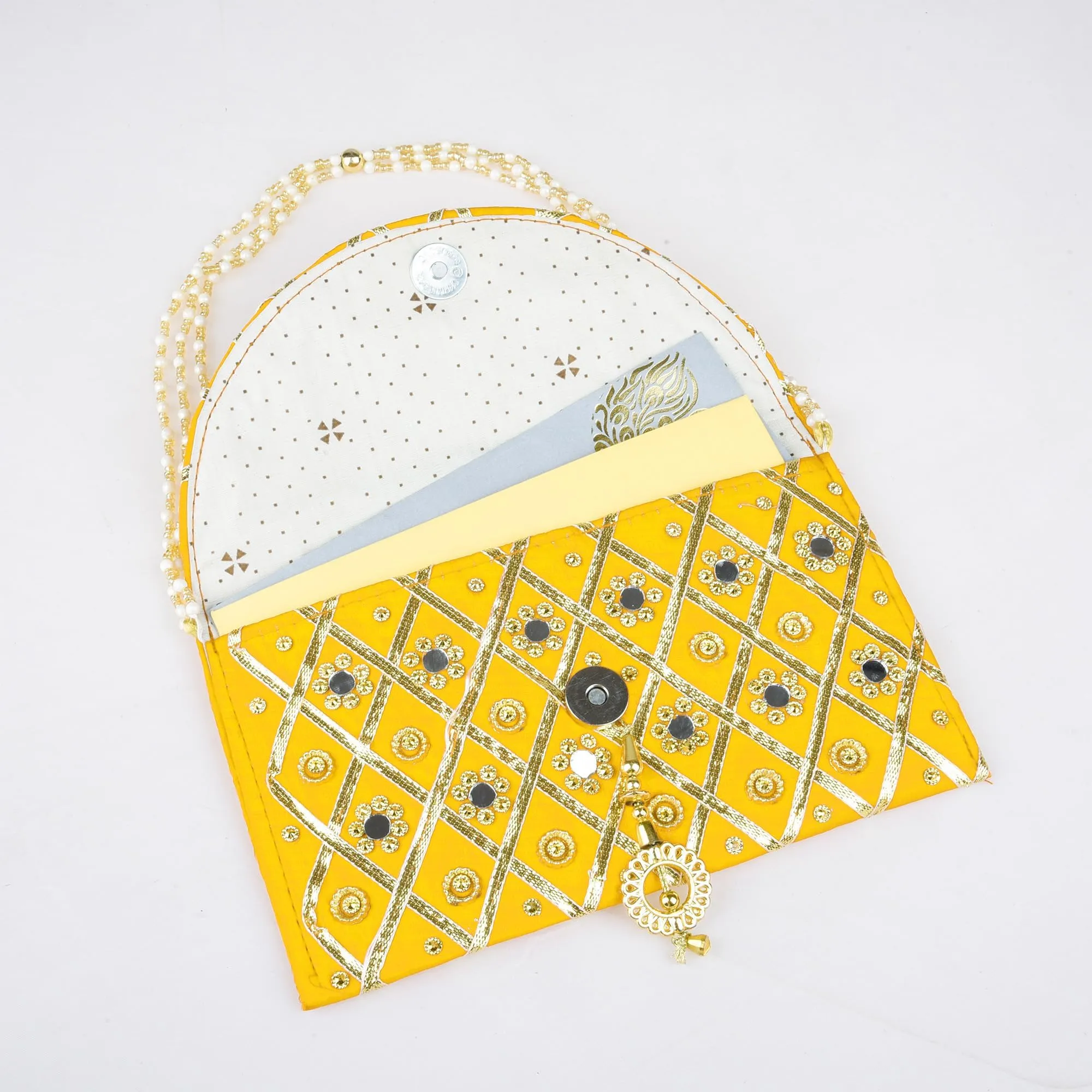 Kuber Industries Clutch Purse | Hand Purse | Ladies Hand Purse with Handle | Traditional Shagun Purse | Baby Shower Purse | Gifting Clutch Purse | Mirror Check Purse | Yellow